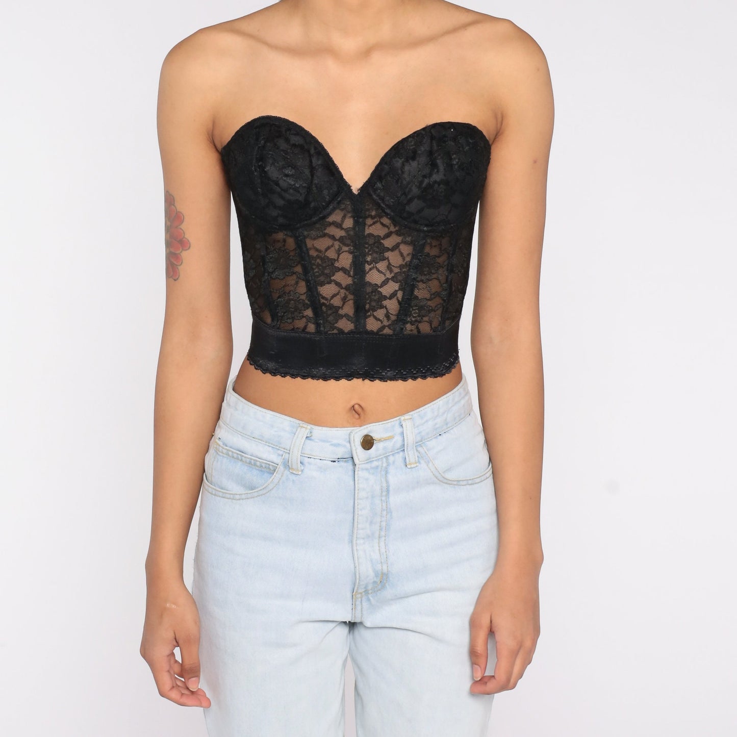 90s Black Lace Bustier Bra Strapless Sweetheart Neckline Underwire 36B
