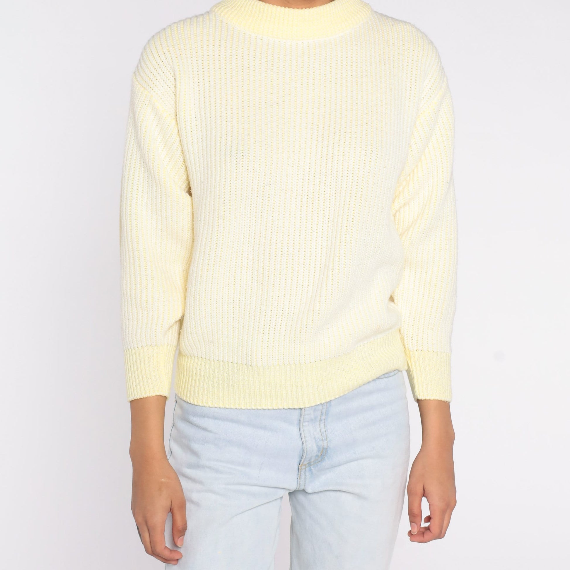 80s Yellow & White Knit Crewneck Sweater Pullover Small