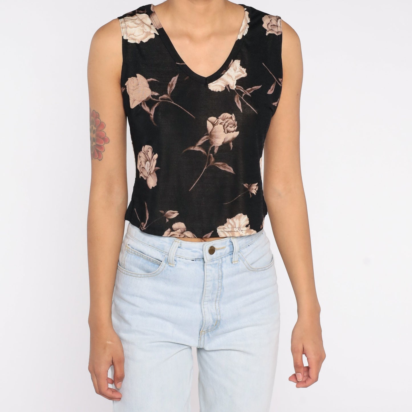 90s Black Floral Tank Top V Neck Cropped Sleeveless Blouse Medium