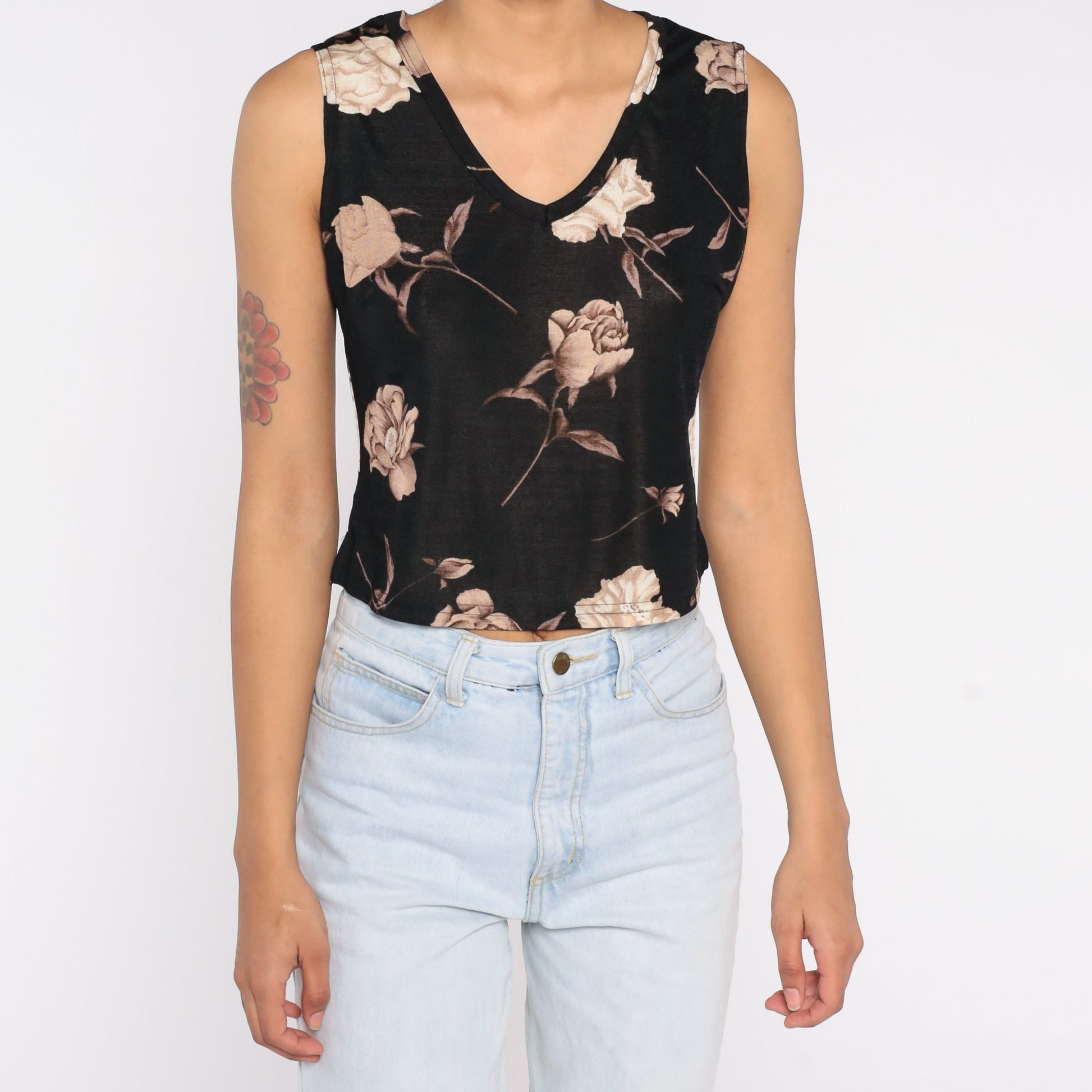 90s Black Floral Tank Top V Neck Cropped Sleeveless Blouse Medium