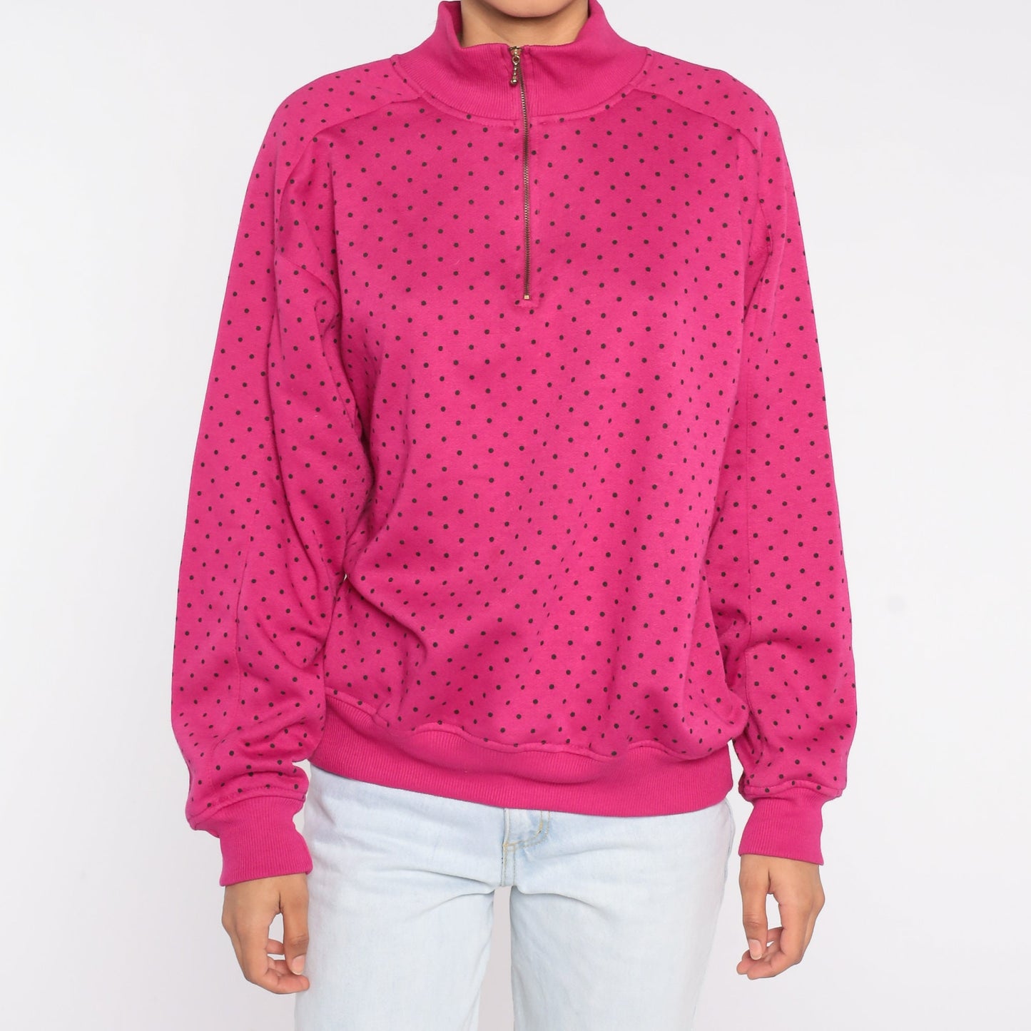 90s Pink Polka Dot Quarter Zip Sweatshirt Funnel Neck Pullover Large L