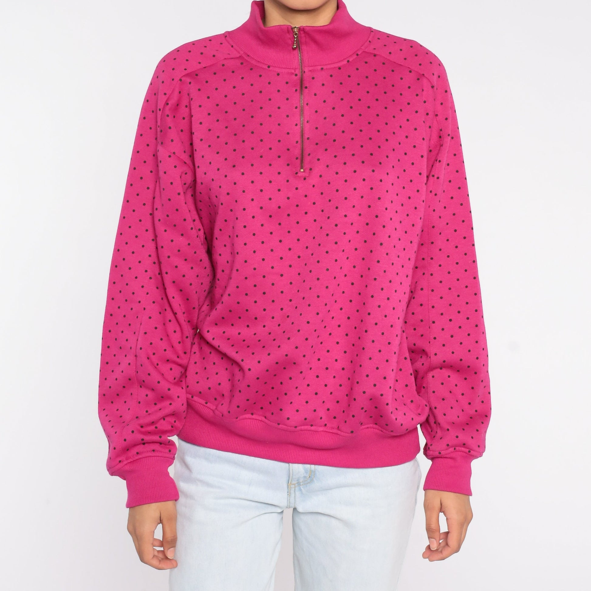90s Pink Polka Dot Quarter Zip Sweatshirt Funnel Neck Pullover Large L