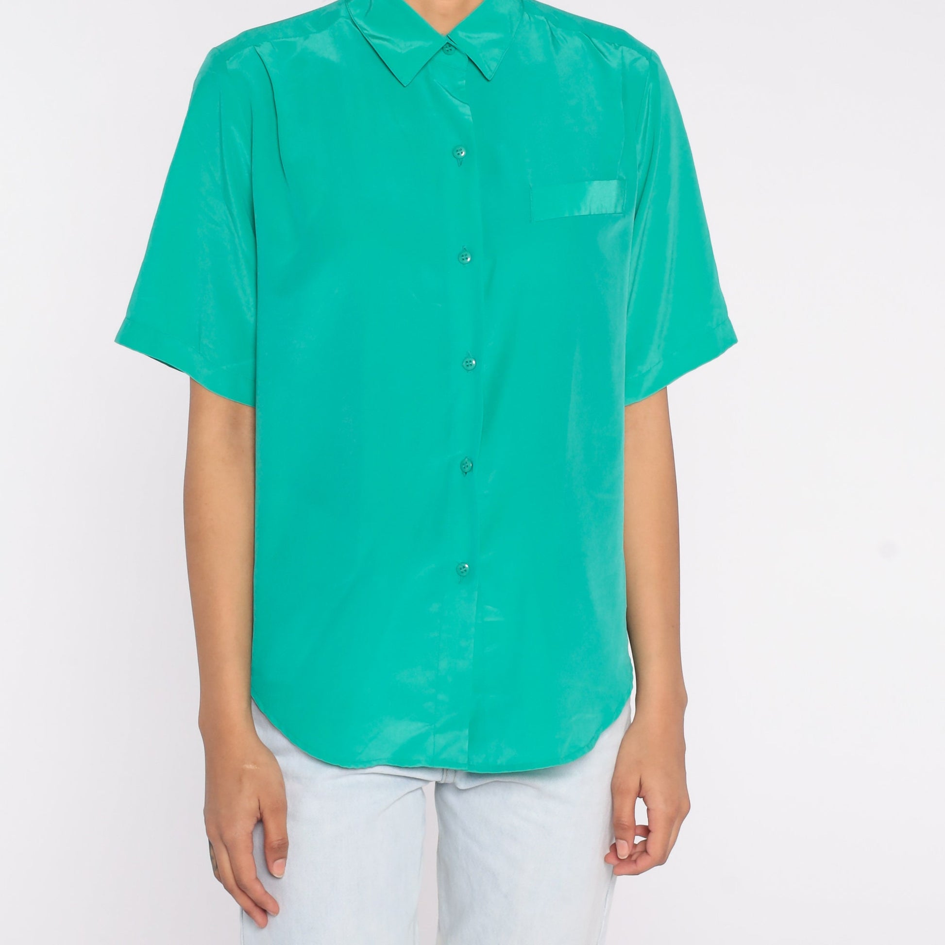 80s Green Polyester Button-Up Blouse Short Sleeve Collared Shirt Medium 8