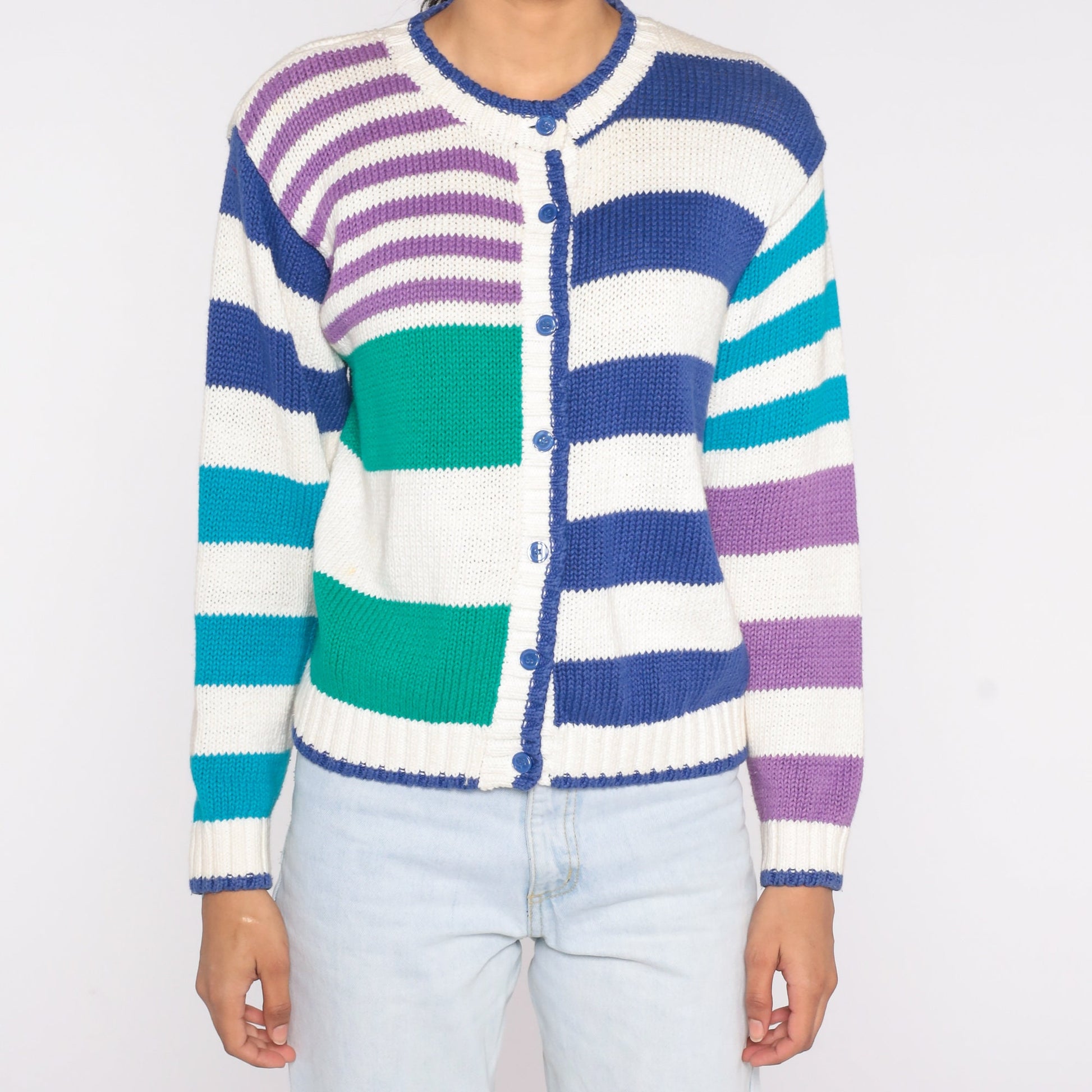 90s Striped Cardigan White Button-Up Sweater Green Blue Purple Petite Small