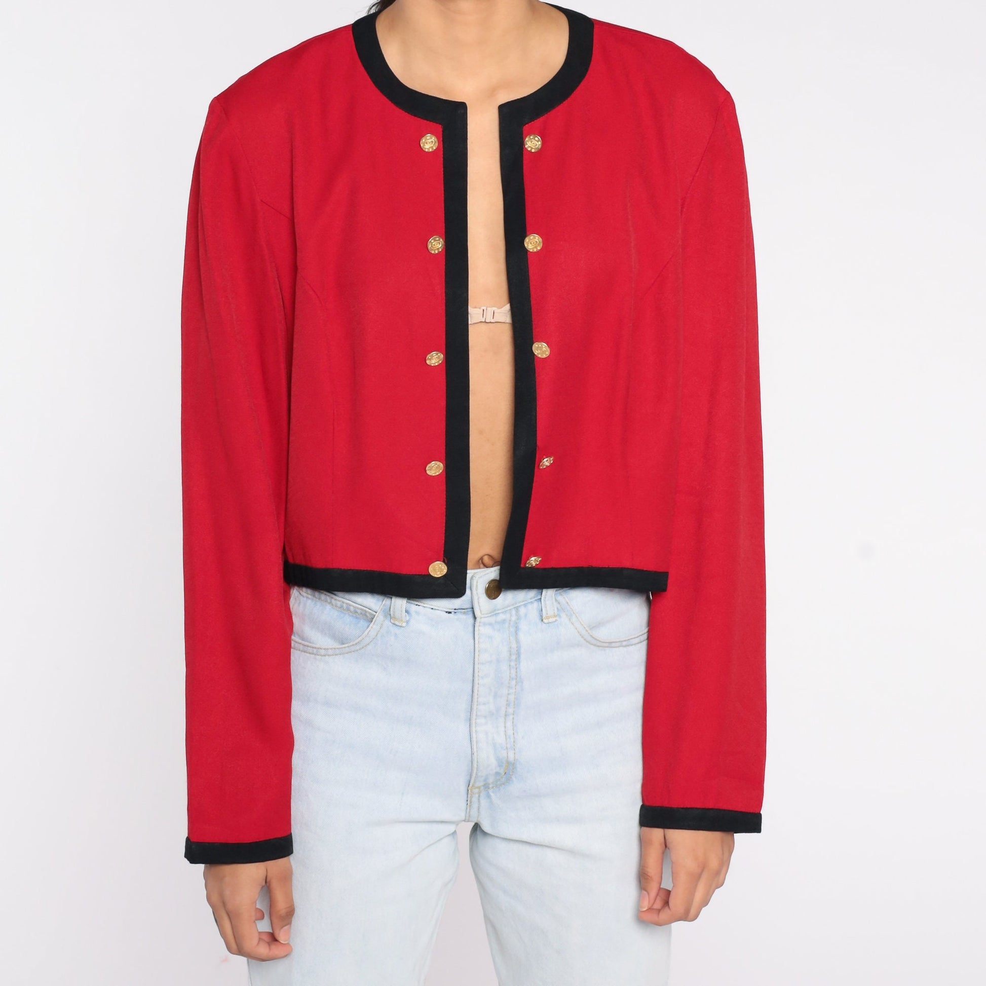 90s Red Cropped Jacket Gold Buttons Black Trim Open Front Small