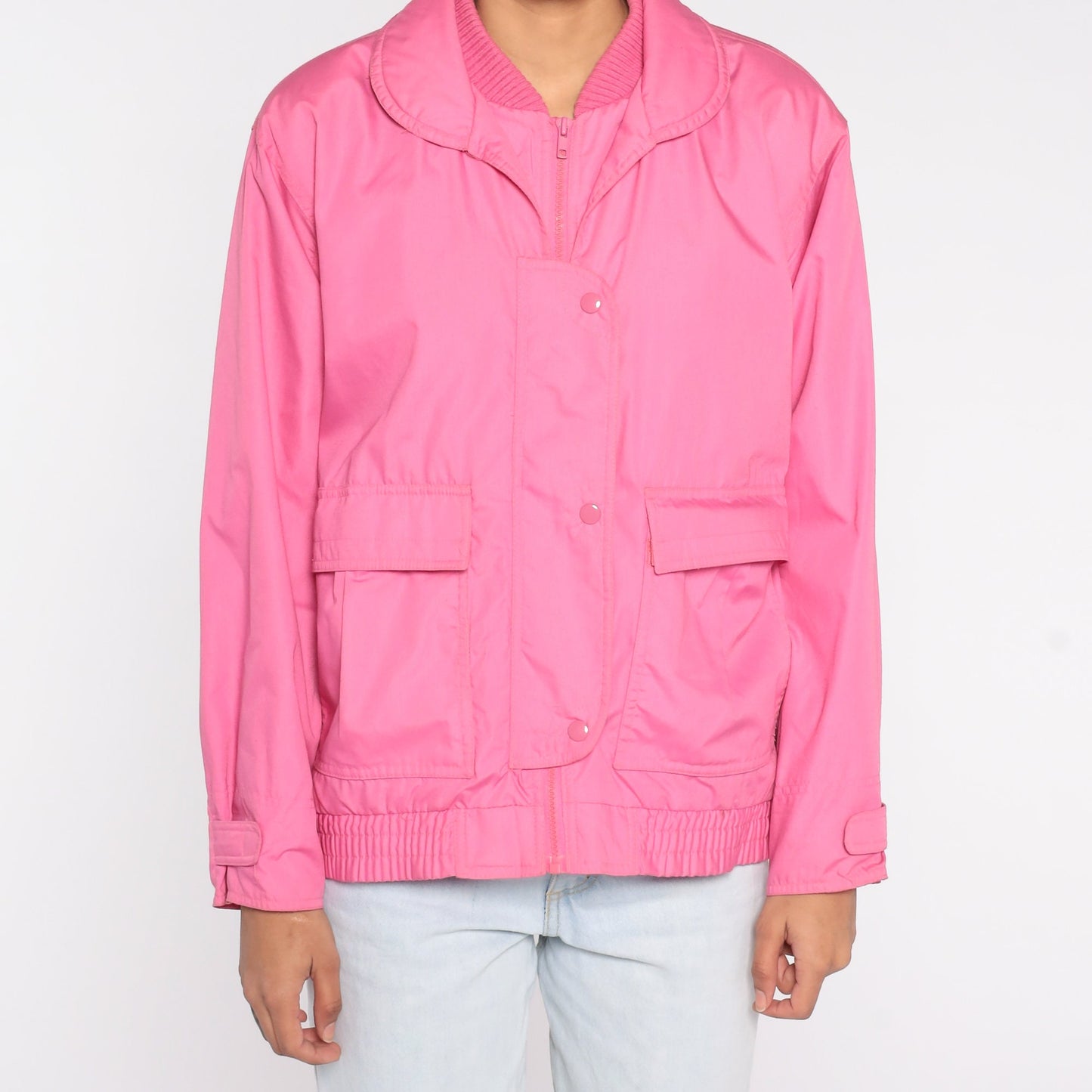 80s Bright Pink Windbreaker Jacket Snap Zip Front Spring Coat Large L