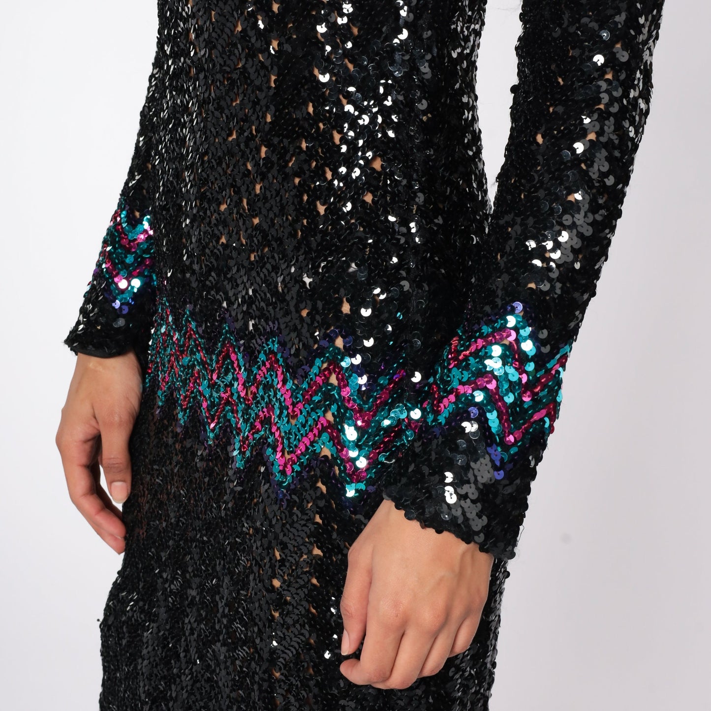 80s Black Sequin Dress Power Shoulders Knee-Length Long Sleeve Small