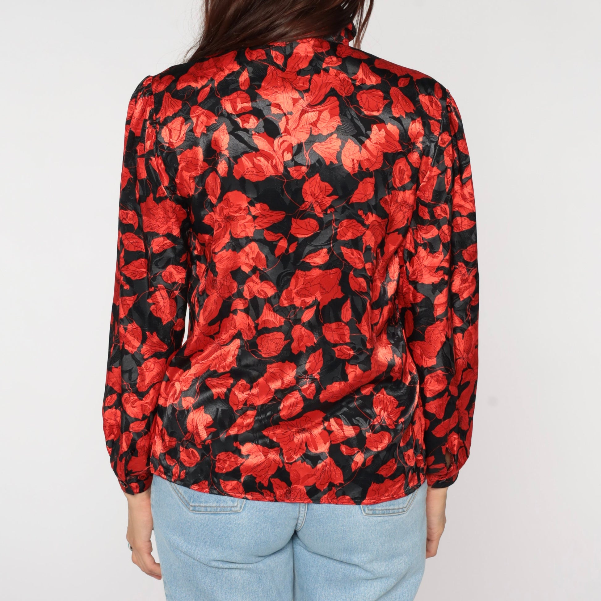 80s Black Red Floral Puff Sleeve Button-Up Blouse Small