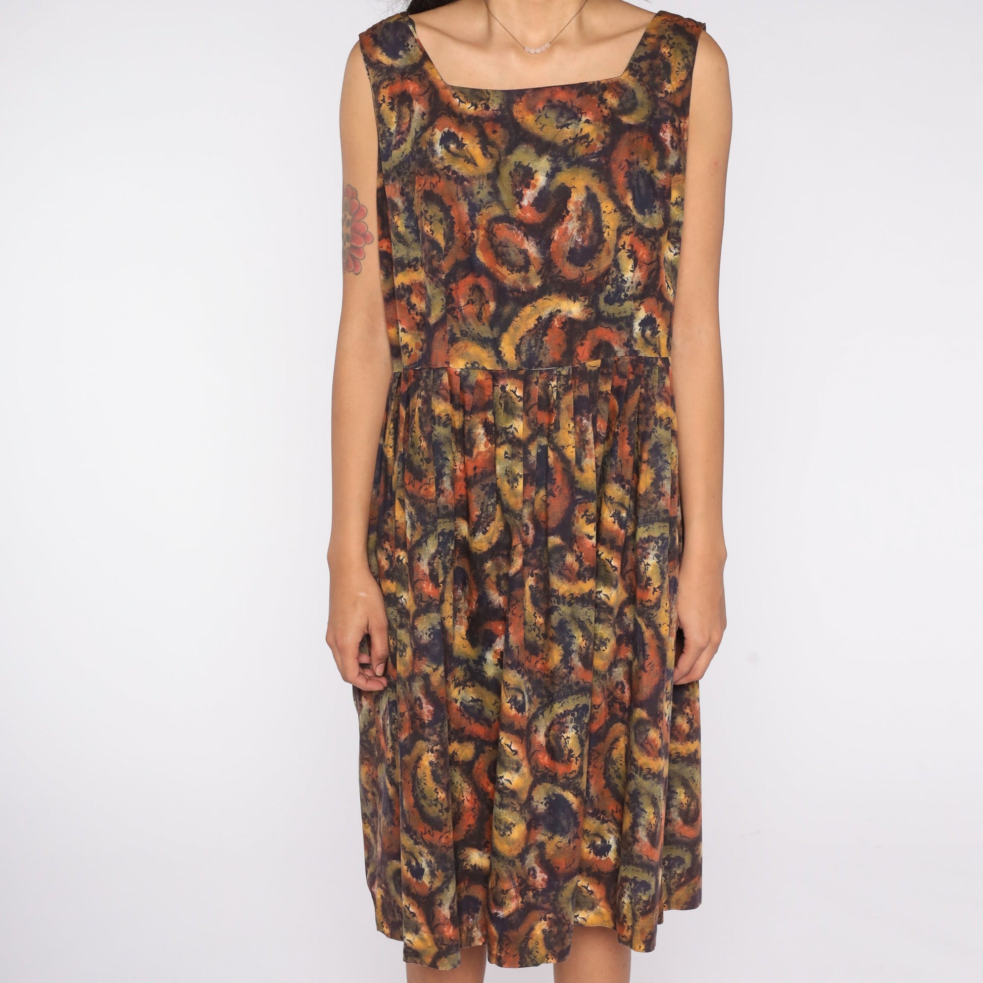 1960s Paisley Midi Dress Sleeveless High Waist Full Skirt Large