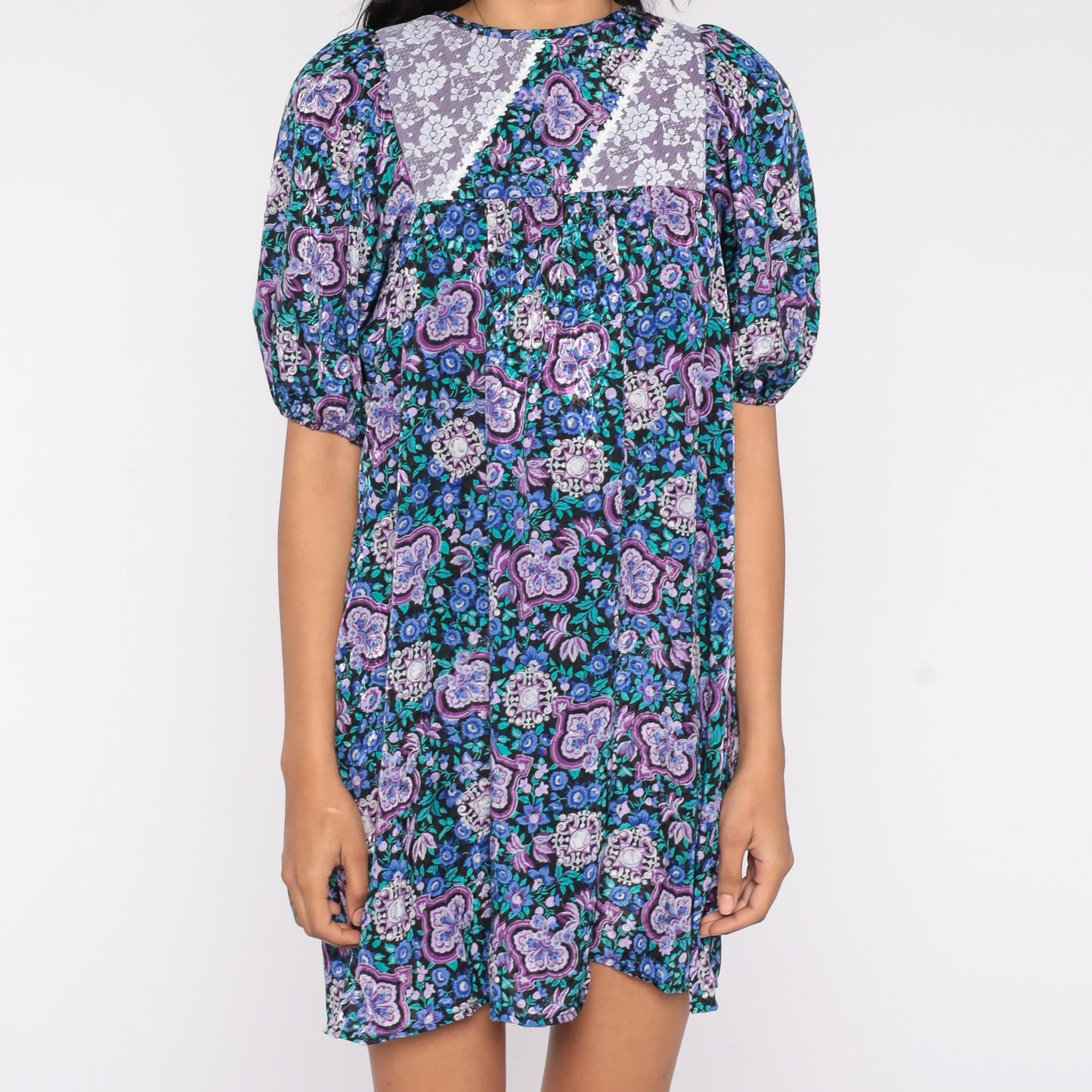 80s Blue Floral Babydoll Mini Dress Lace Bib Balloon Sleeve Small