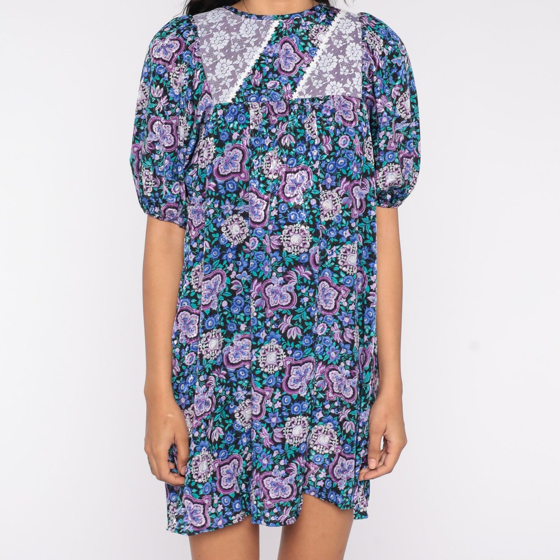 80s Blue Floral Babydoll Mini Dress Lace Bib Balloon Sleeve Small
