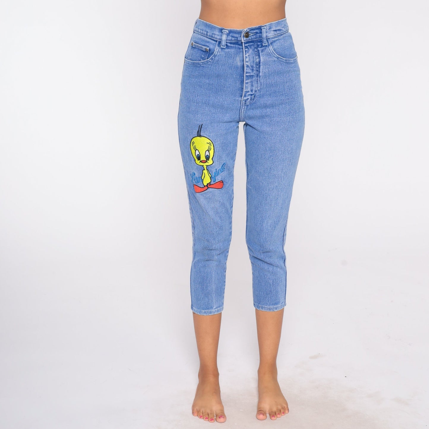 90s Tweety Bird Warner Bros Embroidered High Waisted Tapered Denim Jeans Extra Small XS