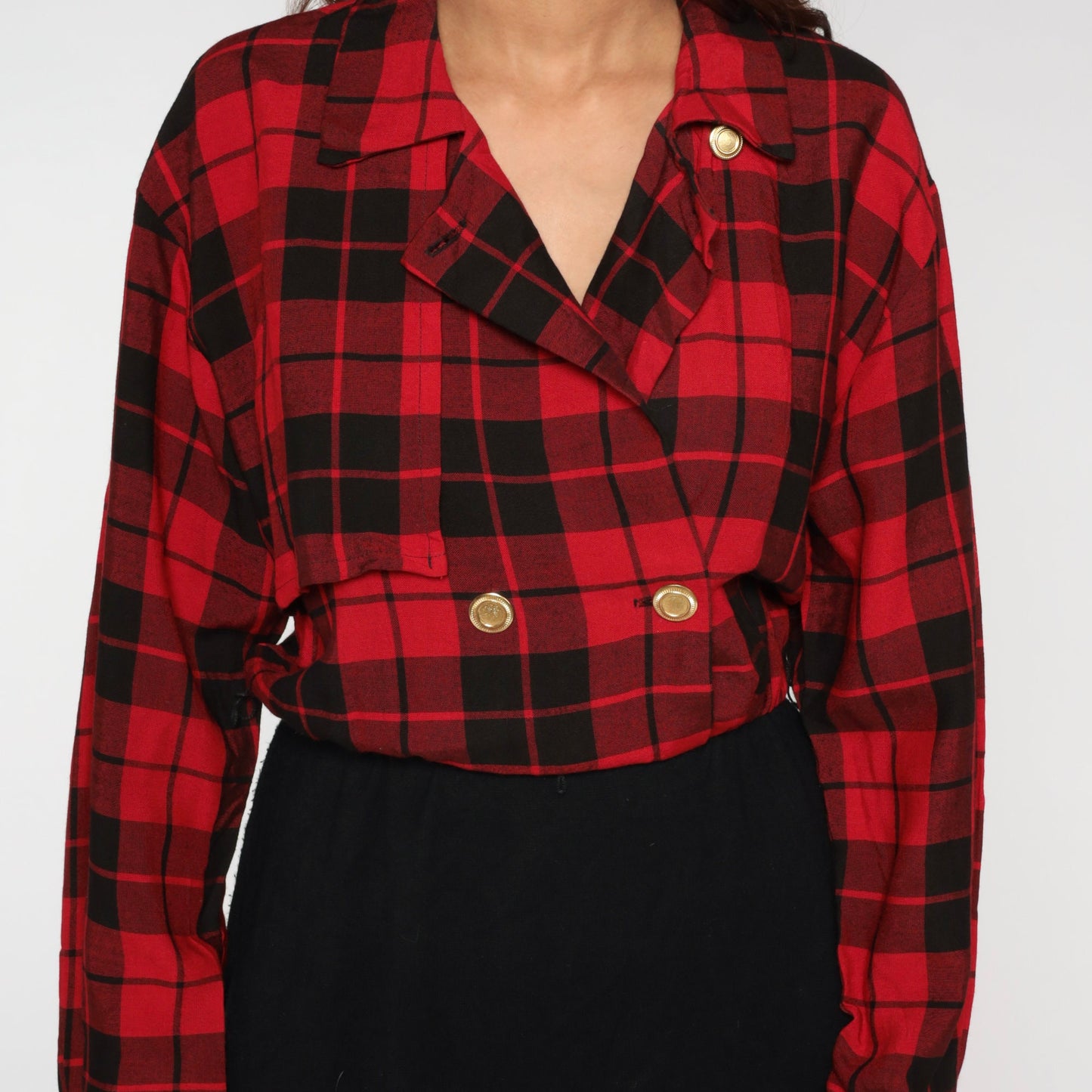 80s Red Plaid Midi Shirt Dress Black Pencil High Waist Button Up Medium