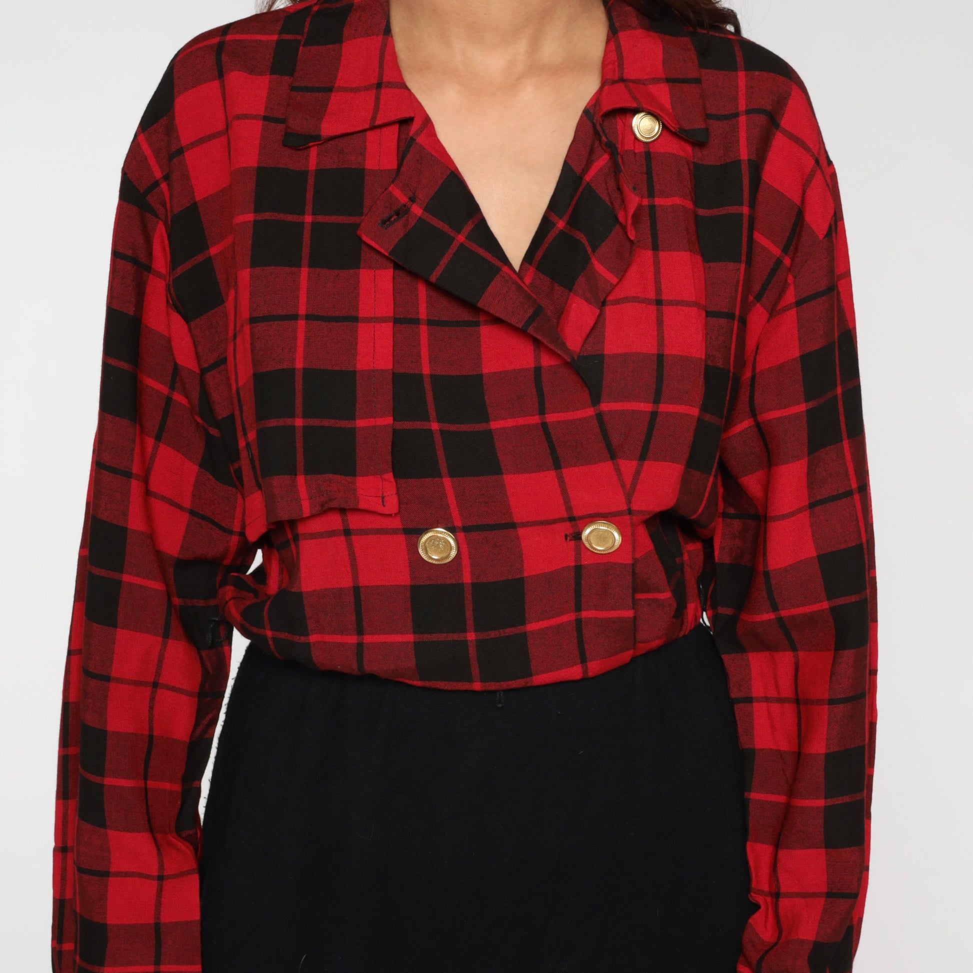 80s Red Plaid Midi Shirt Dress Black Pencil High Waist Button Up Medium
