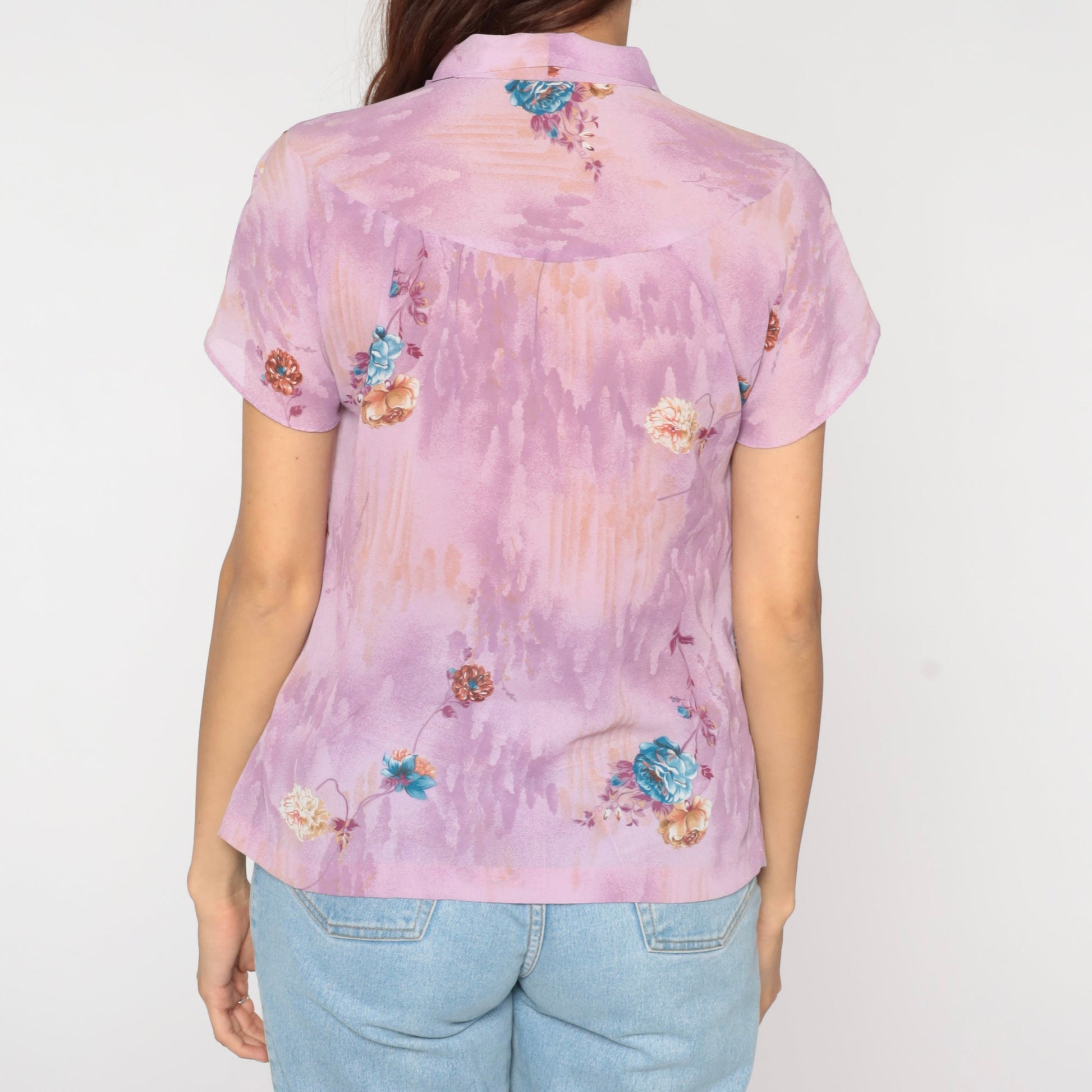 70s Purple Floral Ascot Blouse Button-Up Short Sleeve Small