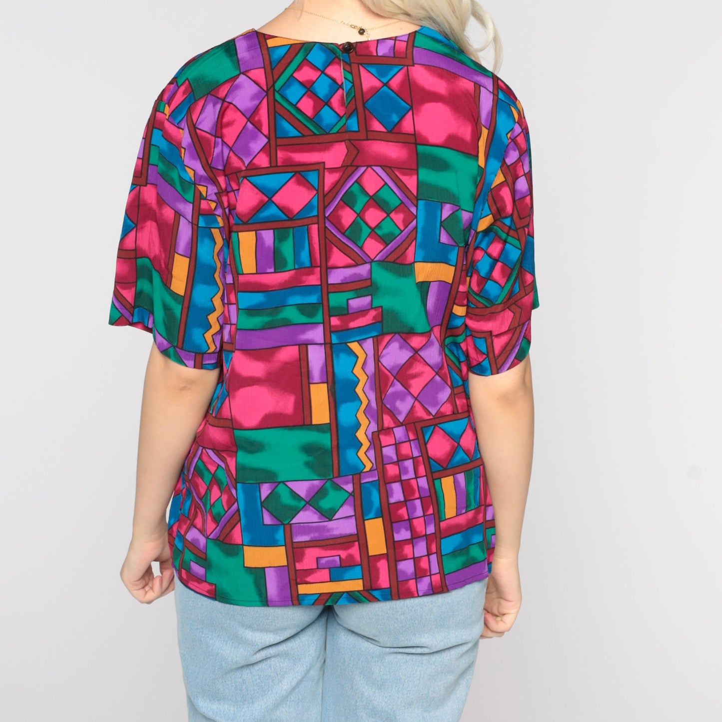 80s Geometric Abstract Square Print Blouse Rainbow Short Sleeve Large L