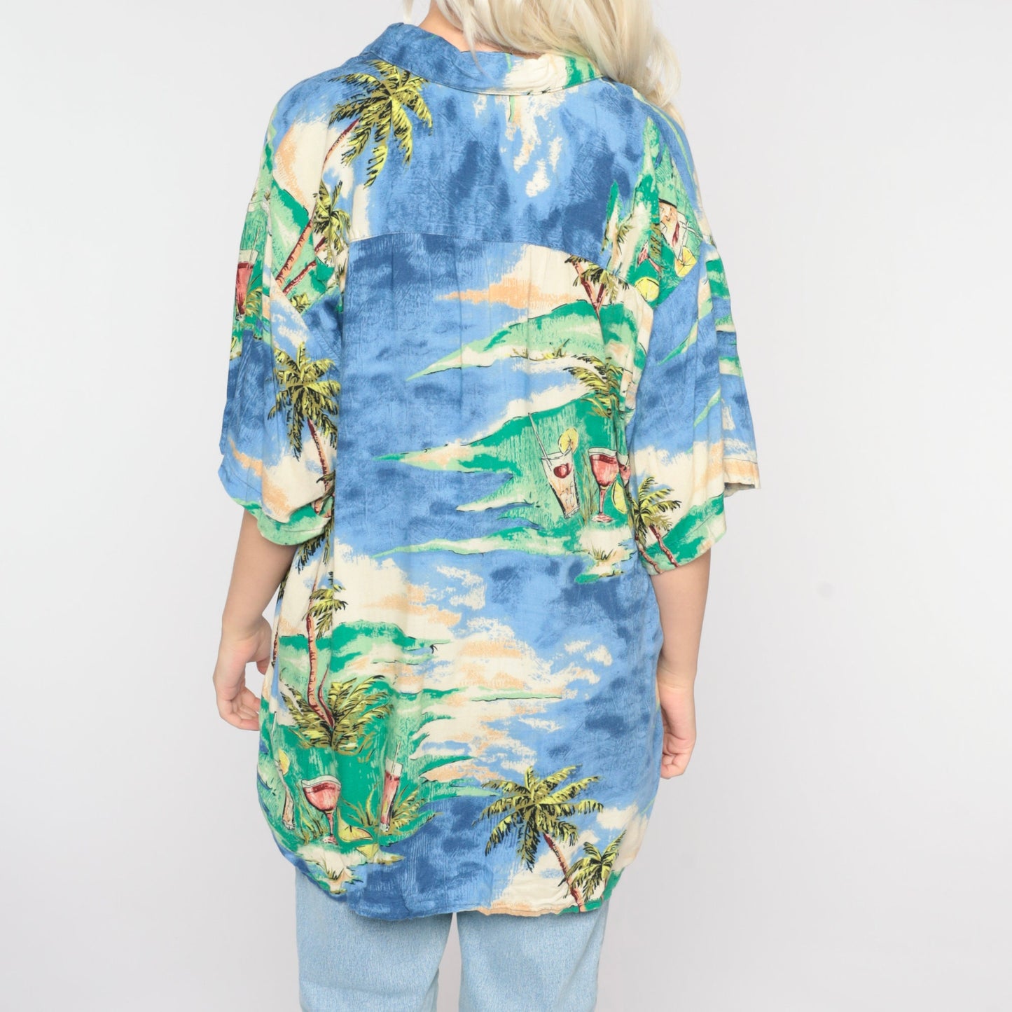 Y2K Blue Hawaiian Shirt Palm Tree Cocktail Print Button Up Men's Large