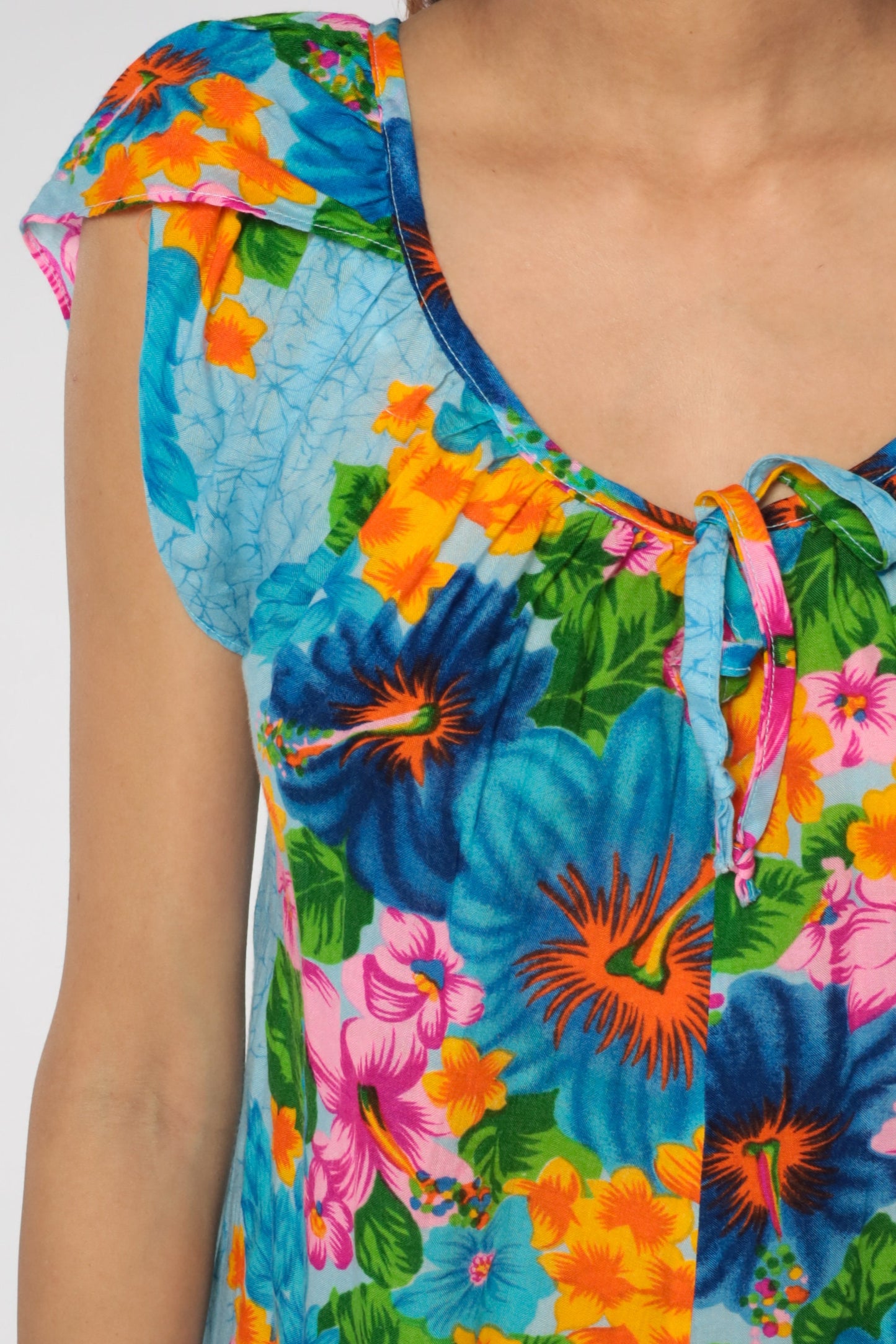 70s Hilo Hatties Hawaiian Shift Dress Blue Floral Tropical Tulip Sleeve Medium