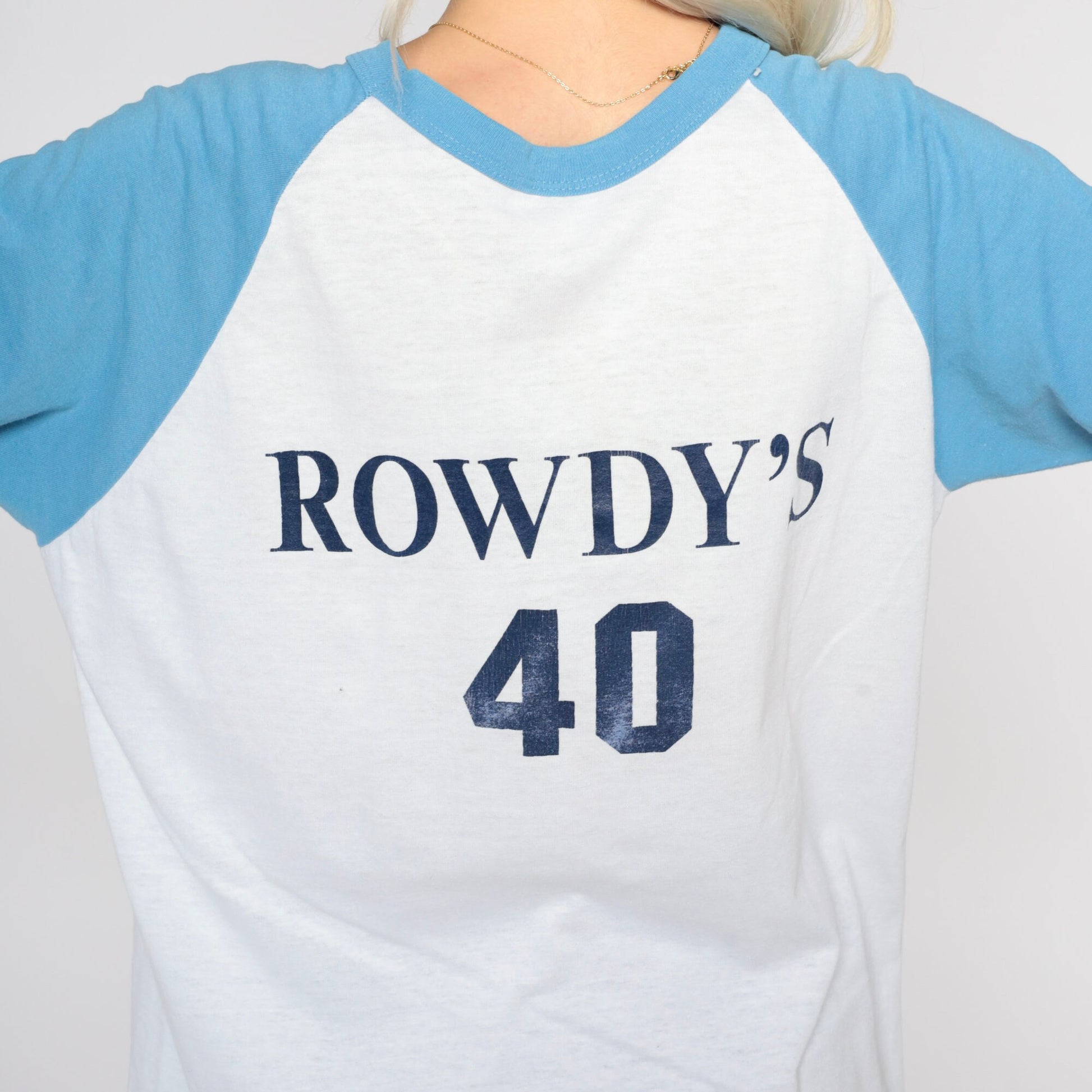 80s ATL Testing Laboratories Rowdy's 40 Baseball Tee White Baby Blue Raglan Medium