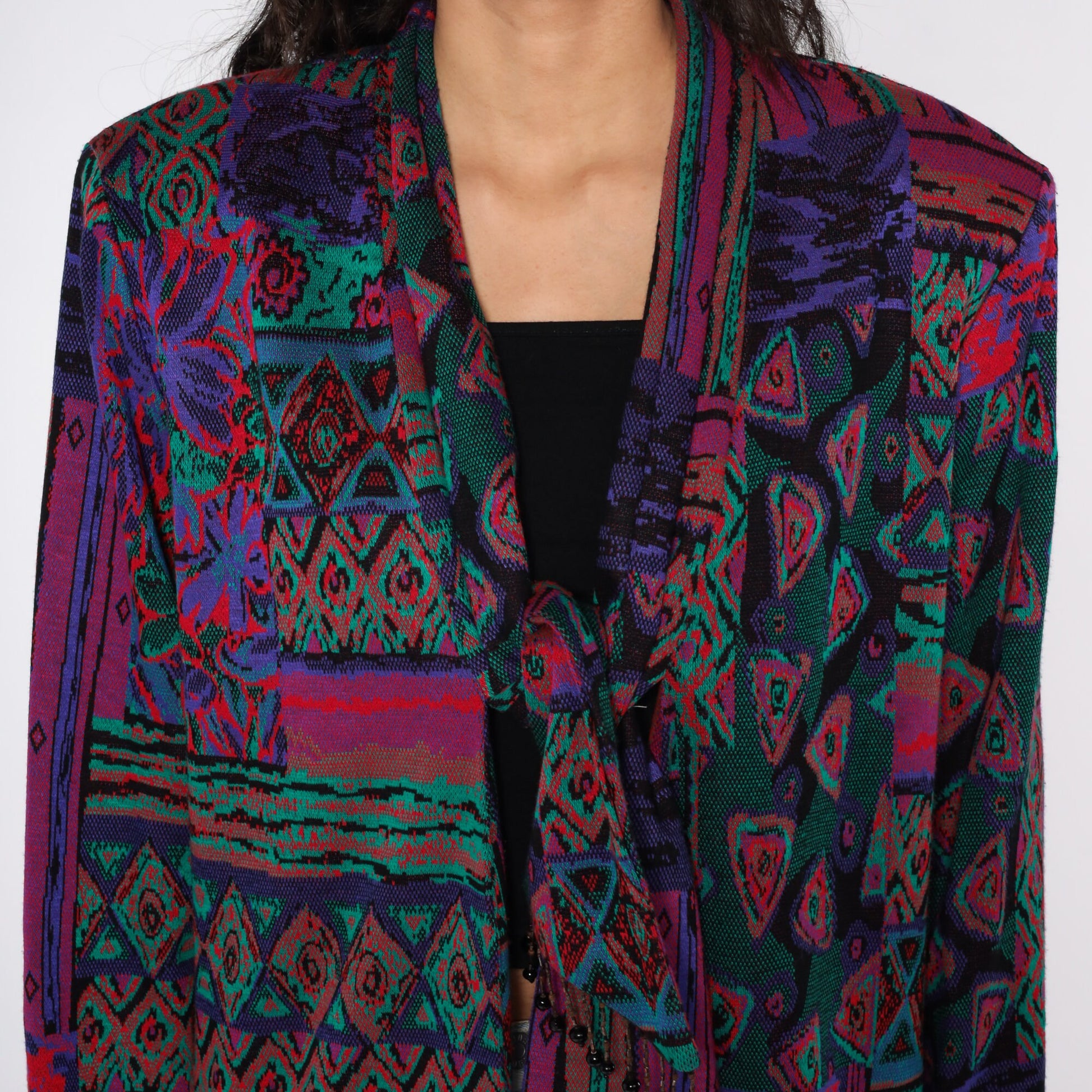90s Woven Blazer Jacket Abstract Tapestry Tie Front Beaded Large L
