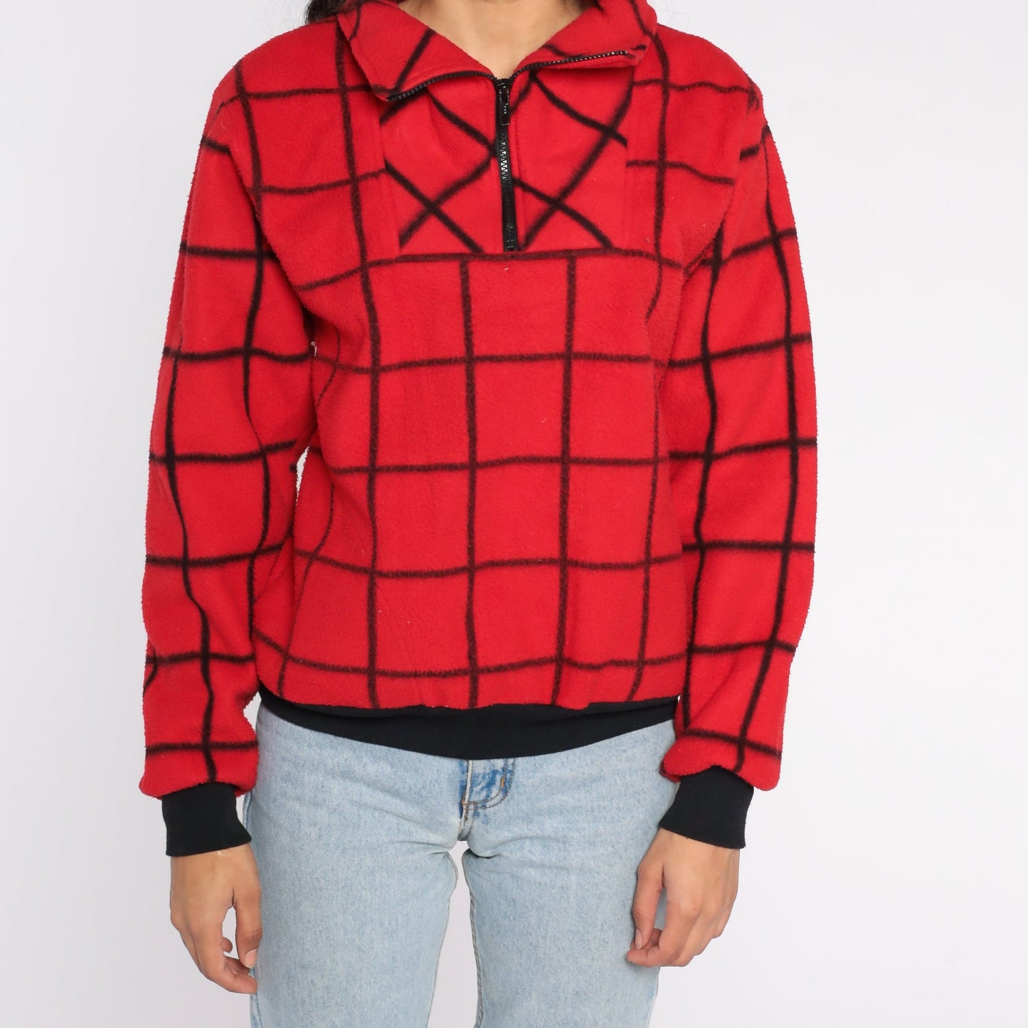 80s Le Tigre Red Checkered Fleece Quarter Zip Pullover Medium