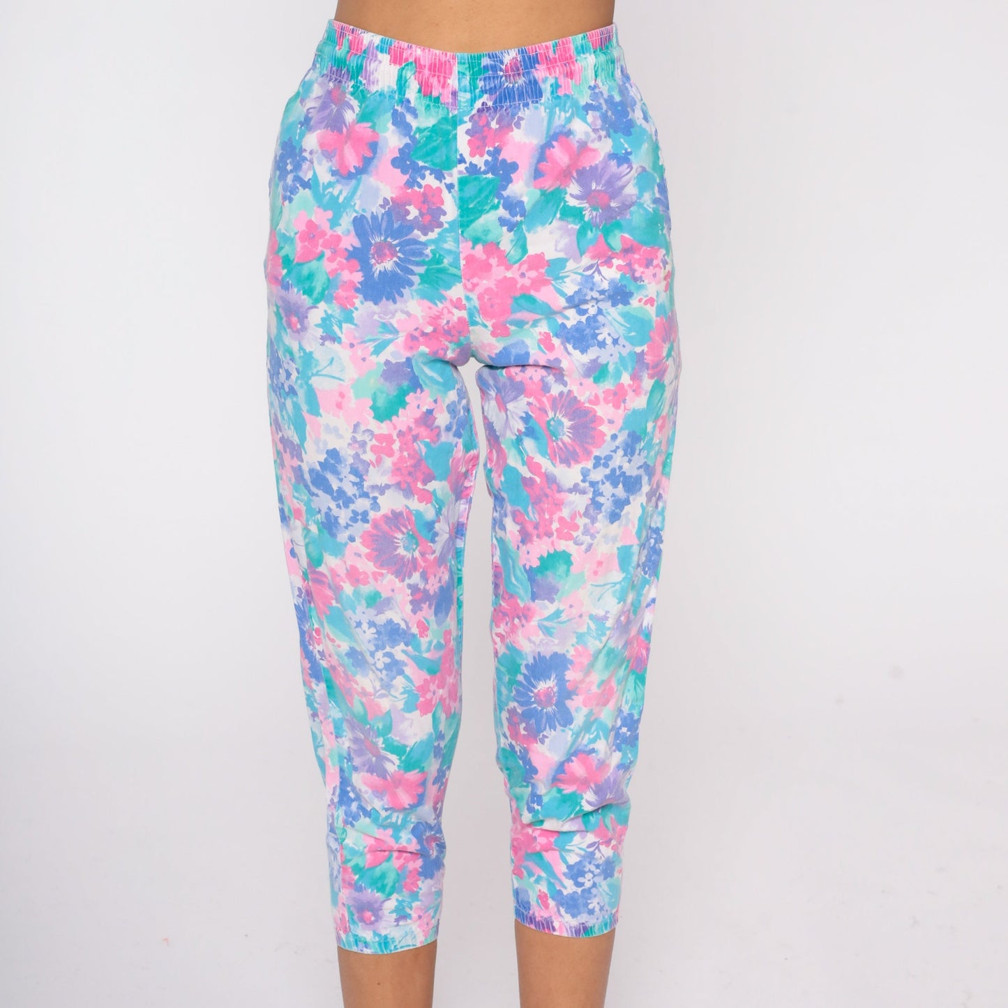 90s Floral Cropped Pants High Waist Elastic Cotton Lounge Capris Extra Small