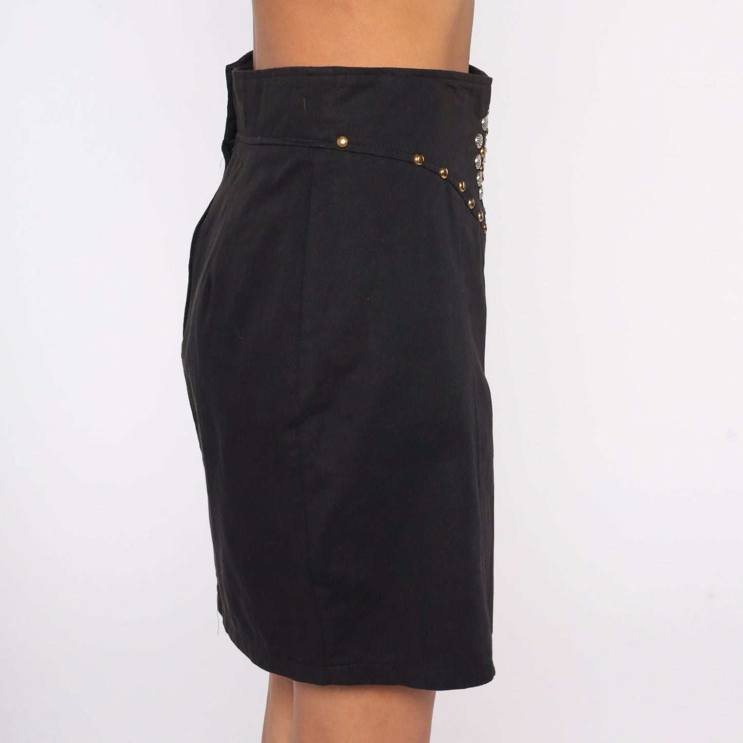 90s Black Studded Mini Pencil Skirt High Waist Cotton Small S