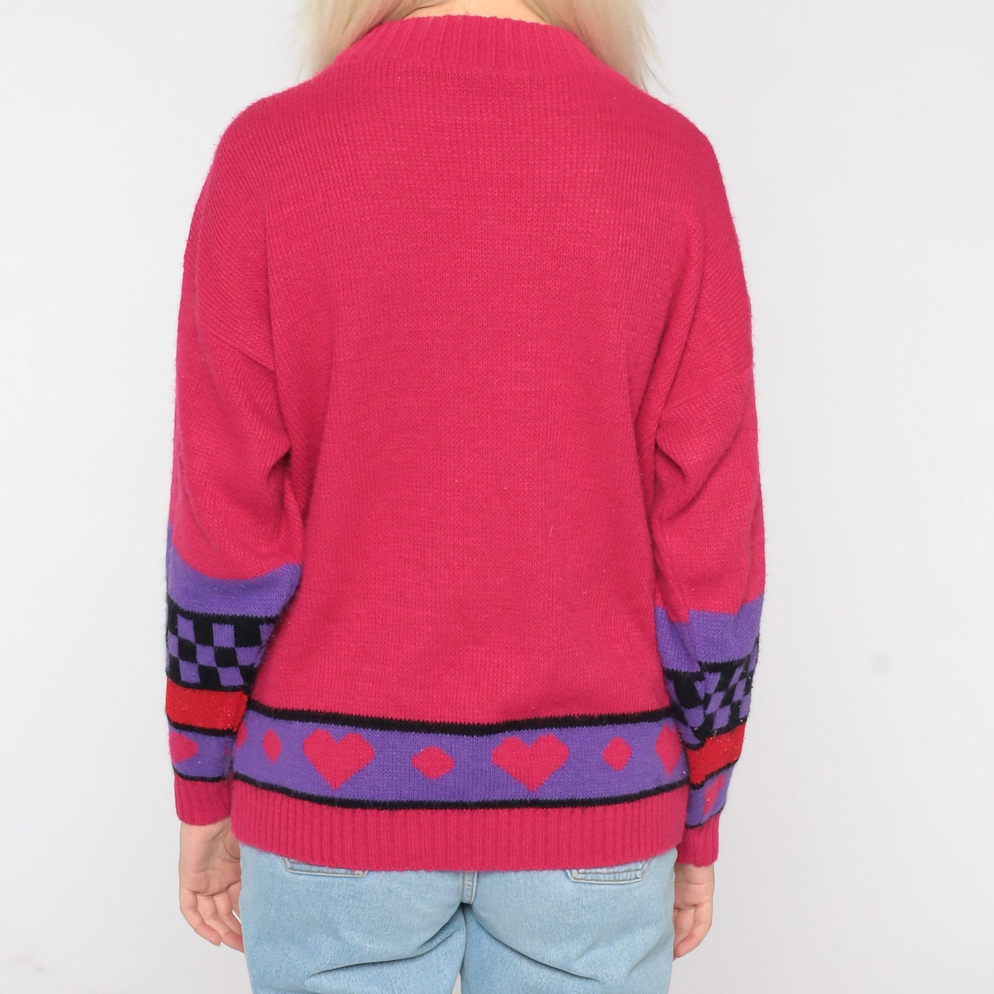 80s Scottie Dog Knit Sweater Pink Geometric Hearts Flowers Bows Medium