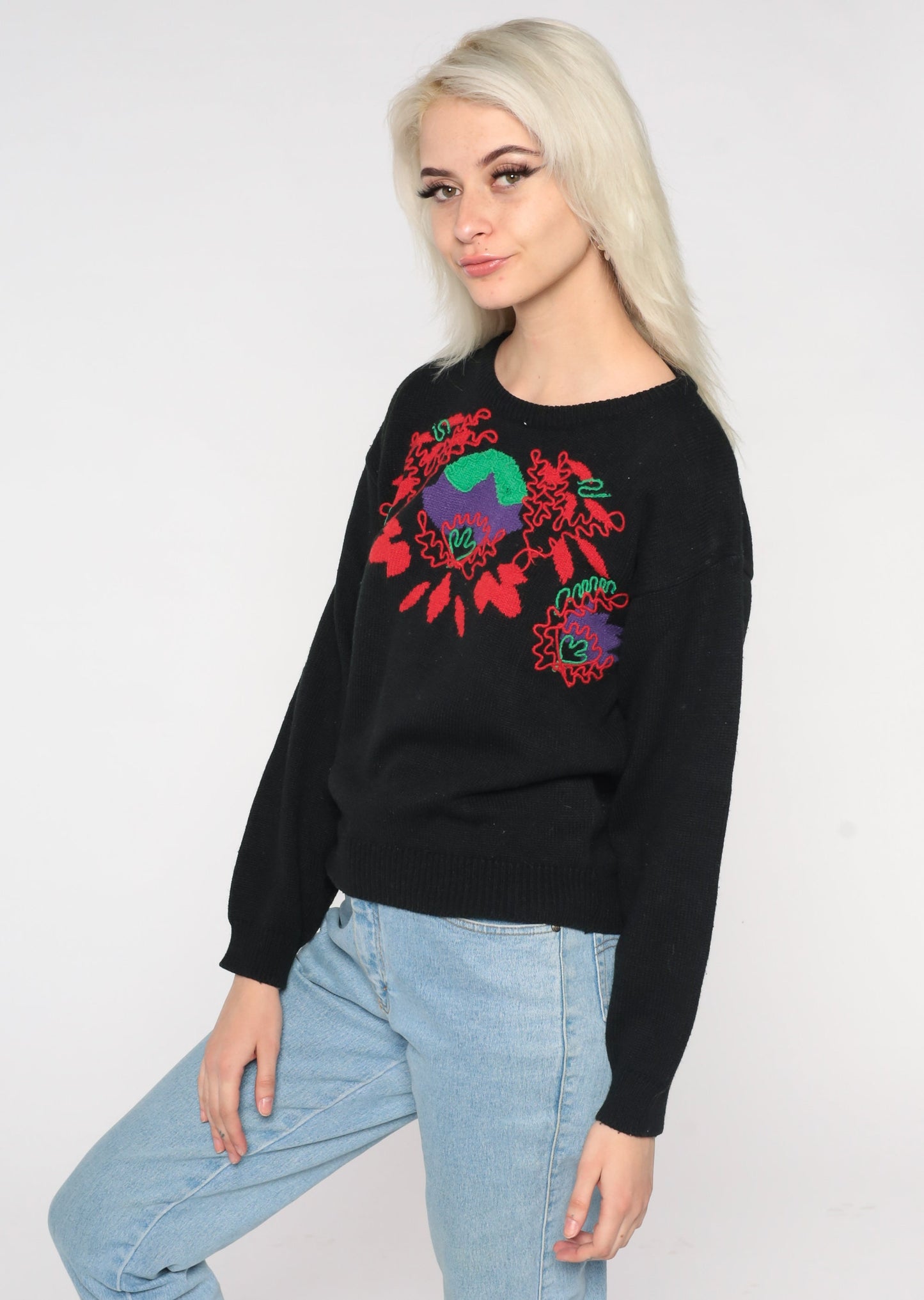 80s Black Floral Abstract Knit Sweater Pullover Medium M