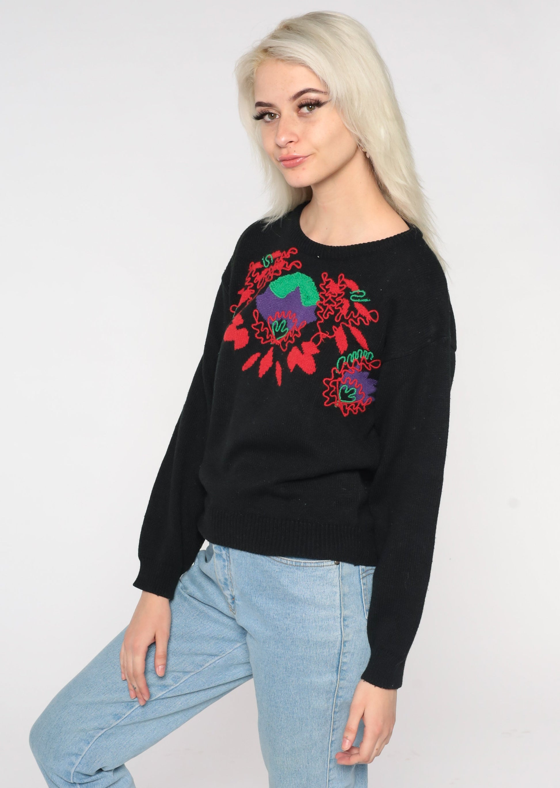 80s Black Floral Abstract Knit Sweater Pullover Medium M
