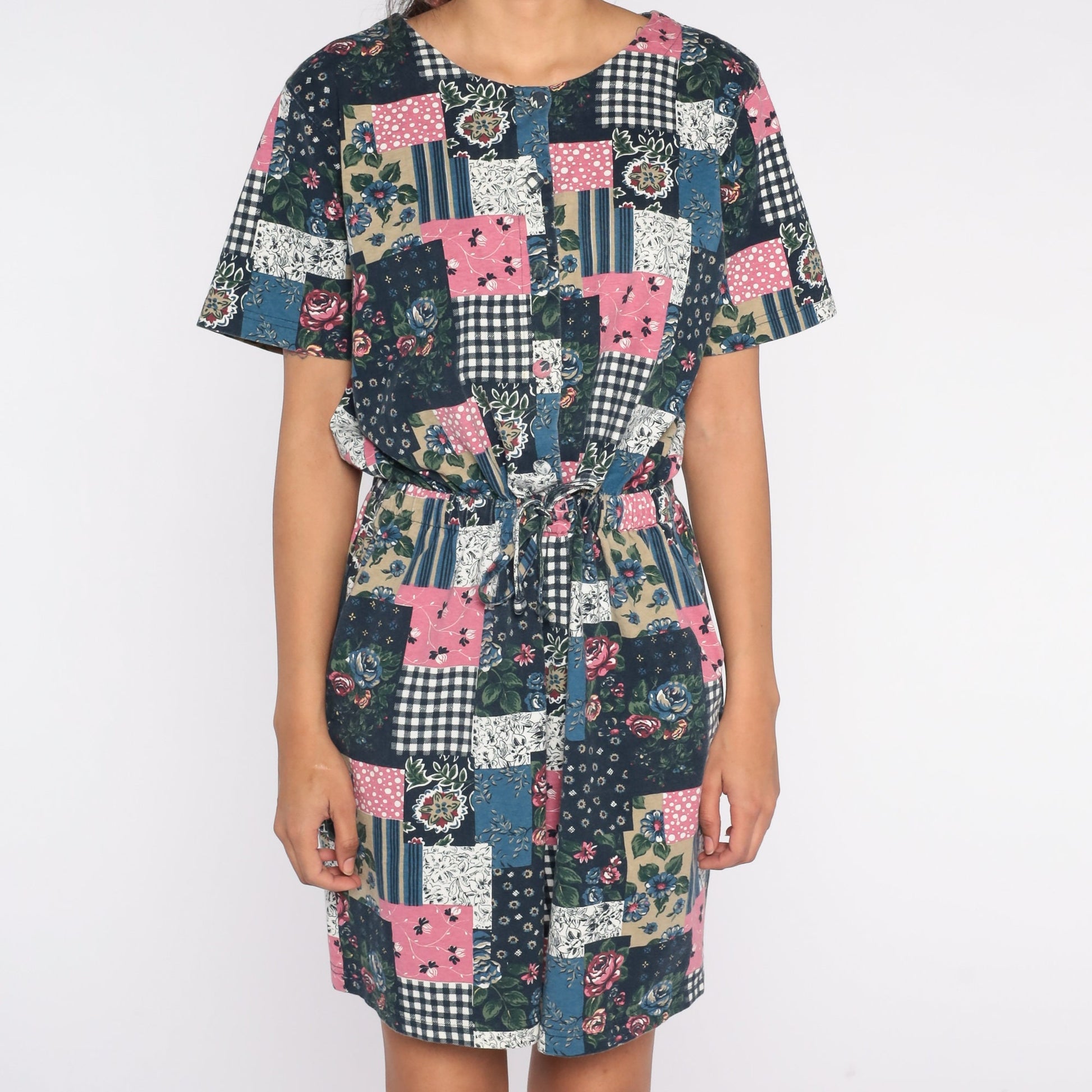 90s Patchwork Floral Wide-Leg Romper Cotton Button-Up Playsuit Medium