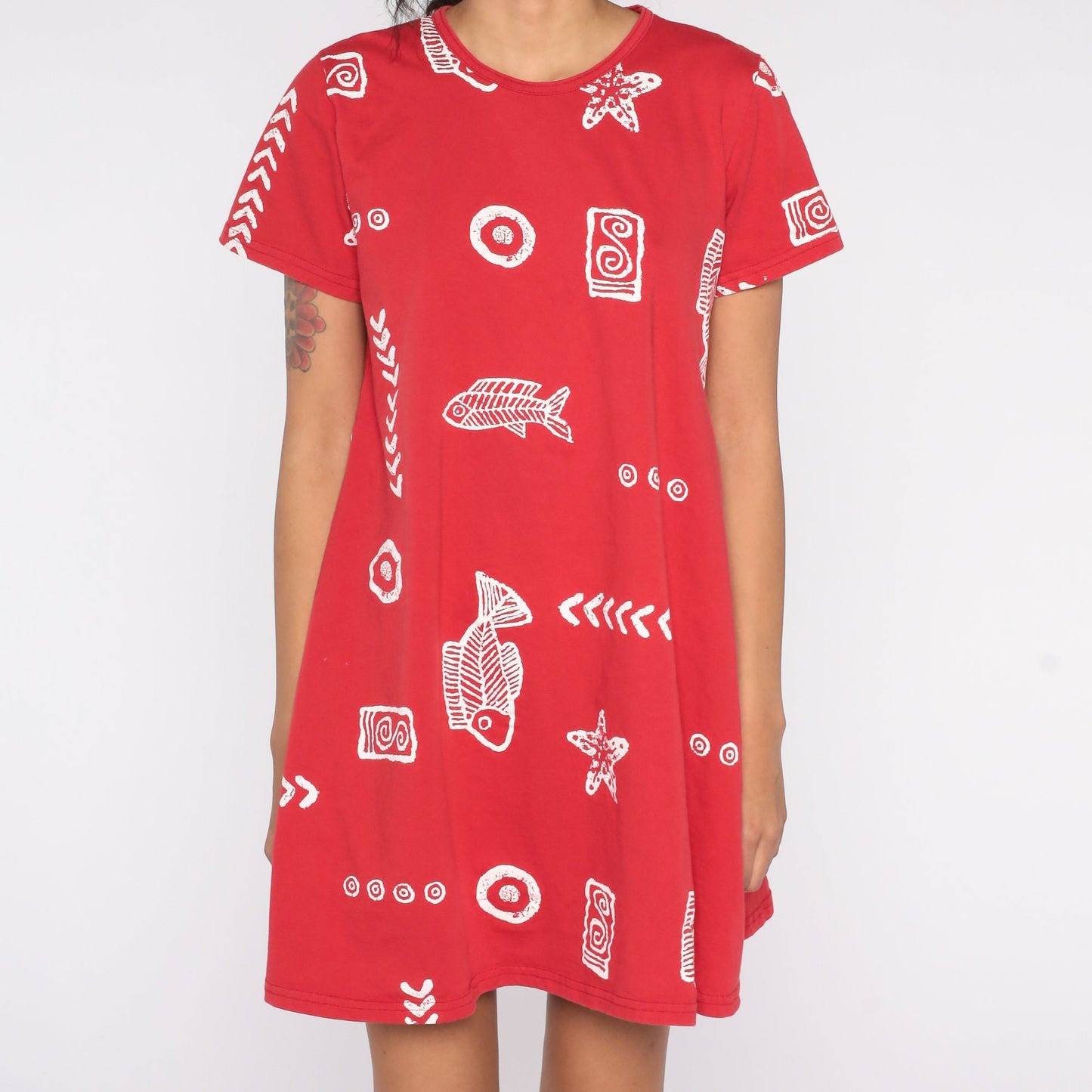 90s Fish Seashell Print Cotton Mini Dress Red Short Sleeve Small S