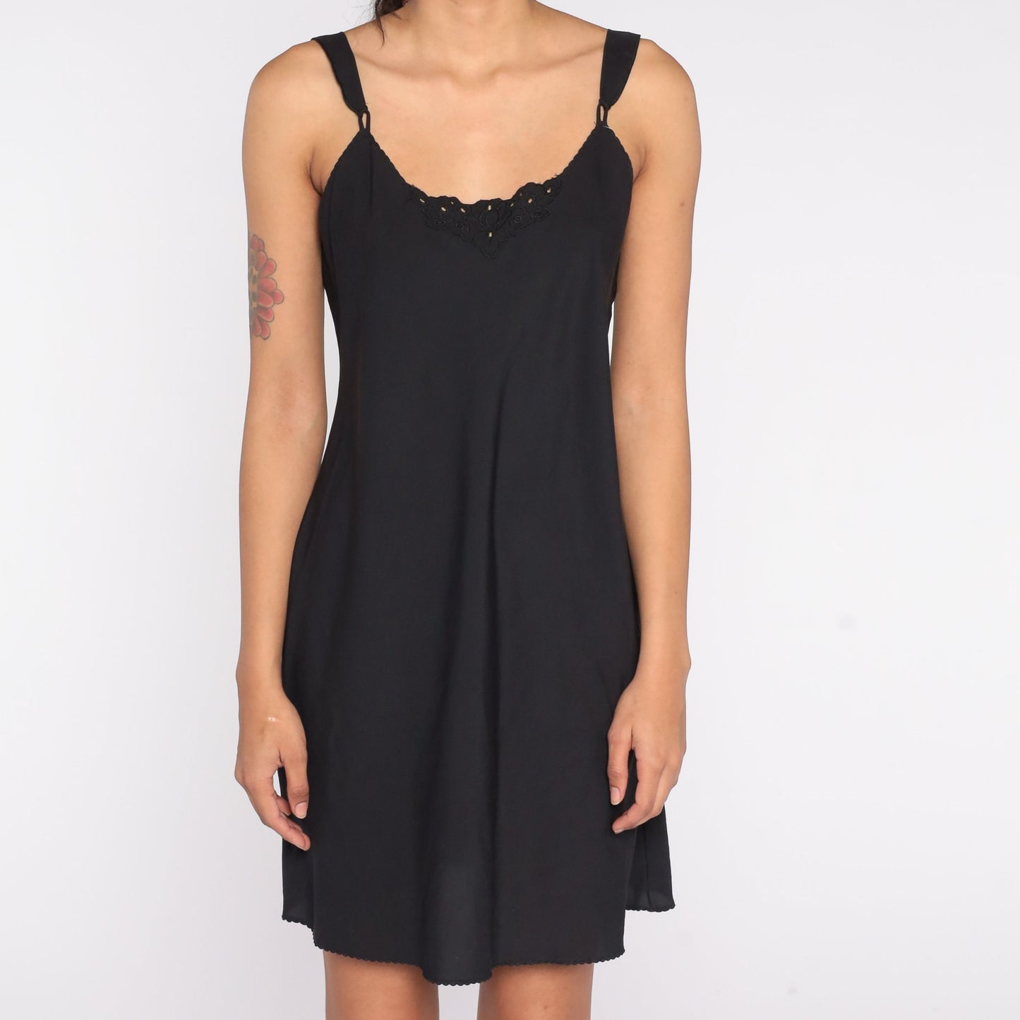 90s Vanity Fair Black Slip Dress Mini Lace Trim Spaghetti Strap Small