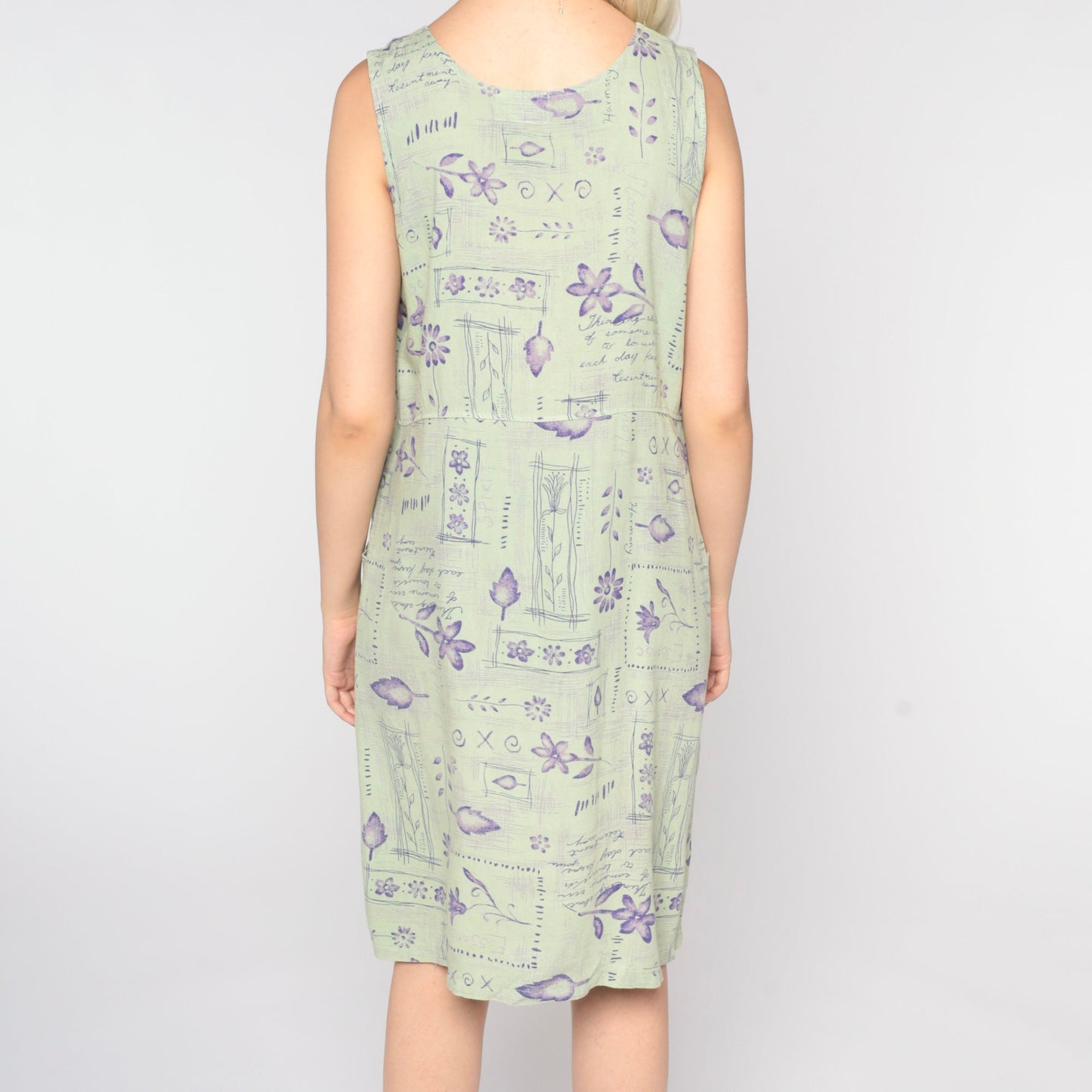 90s Sage Green Abstract Floral Mini Dress Sleeveless Shift Medium M