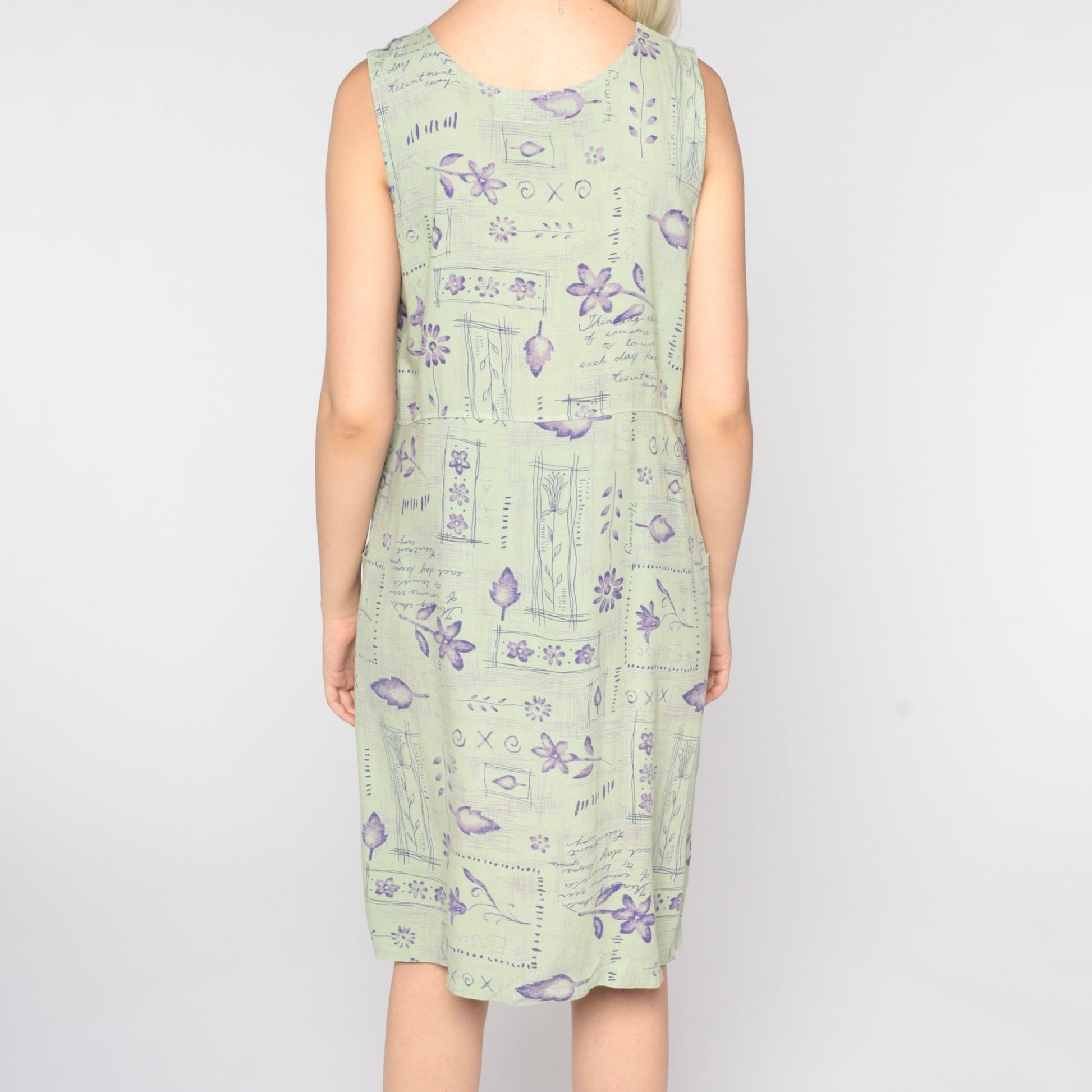 90s Sage Green Abstract Floral Mini Dress Sleeveless Shift Medium M