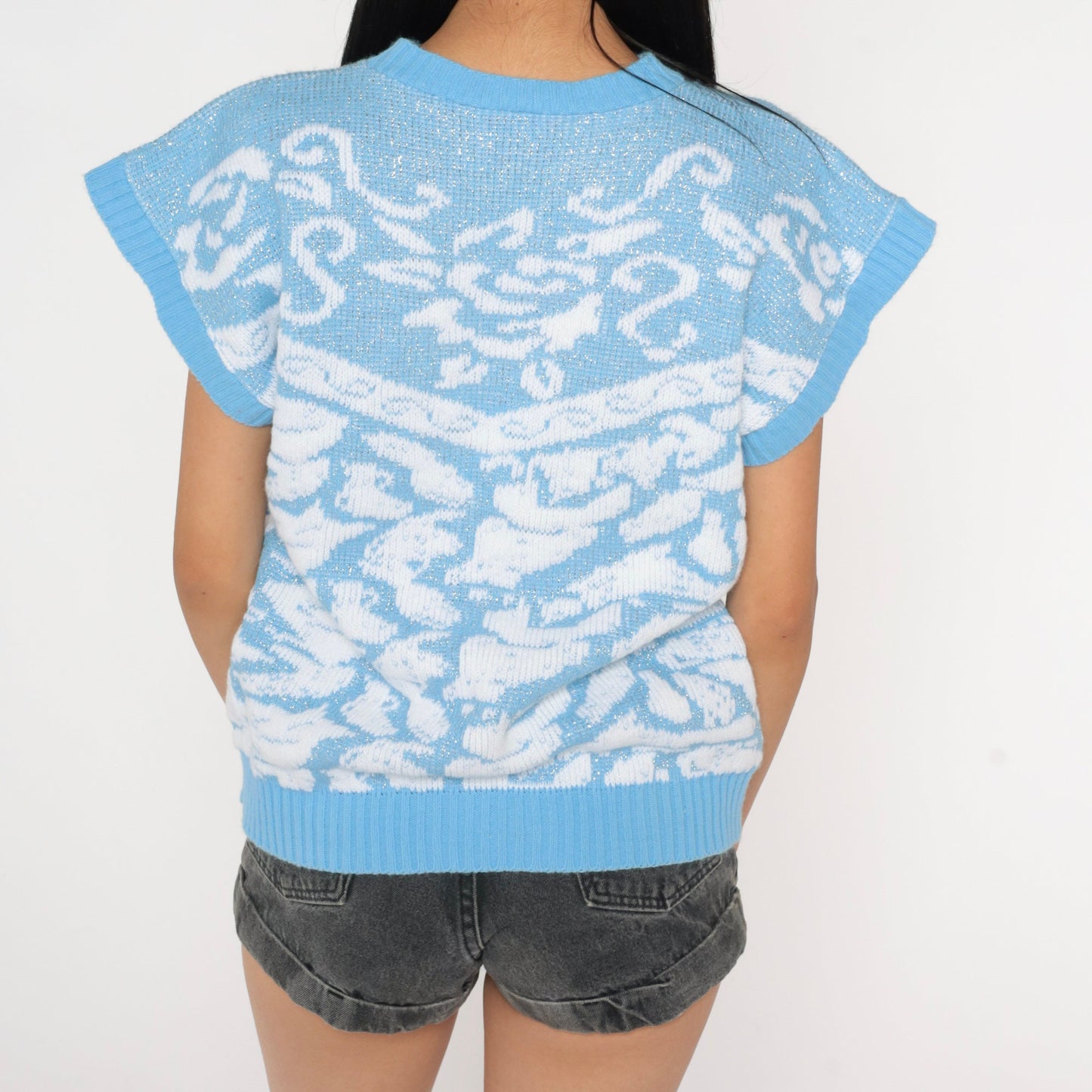 80s Metallic Floral Knit Sweater Cap Sleeve Blue Slouchy Large L