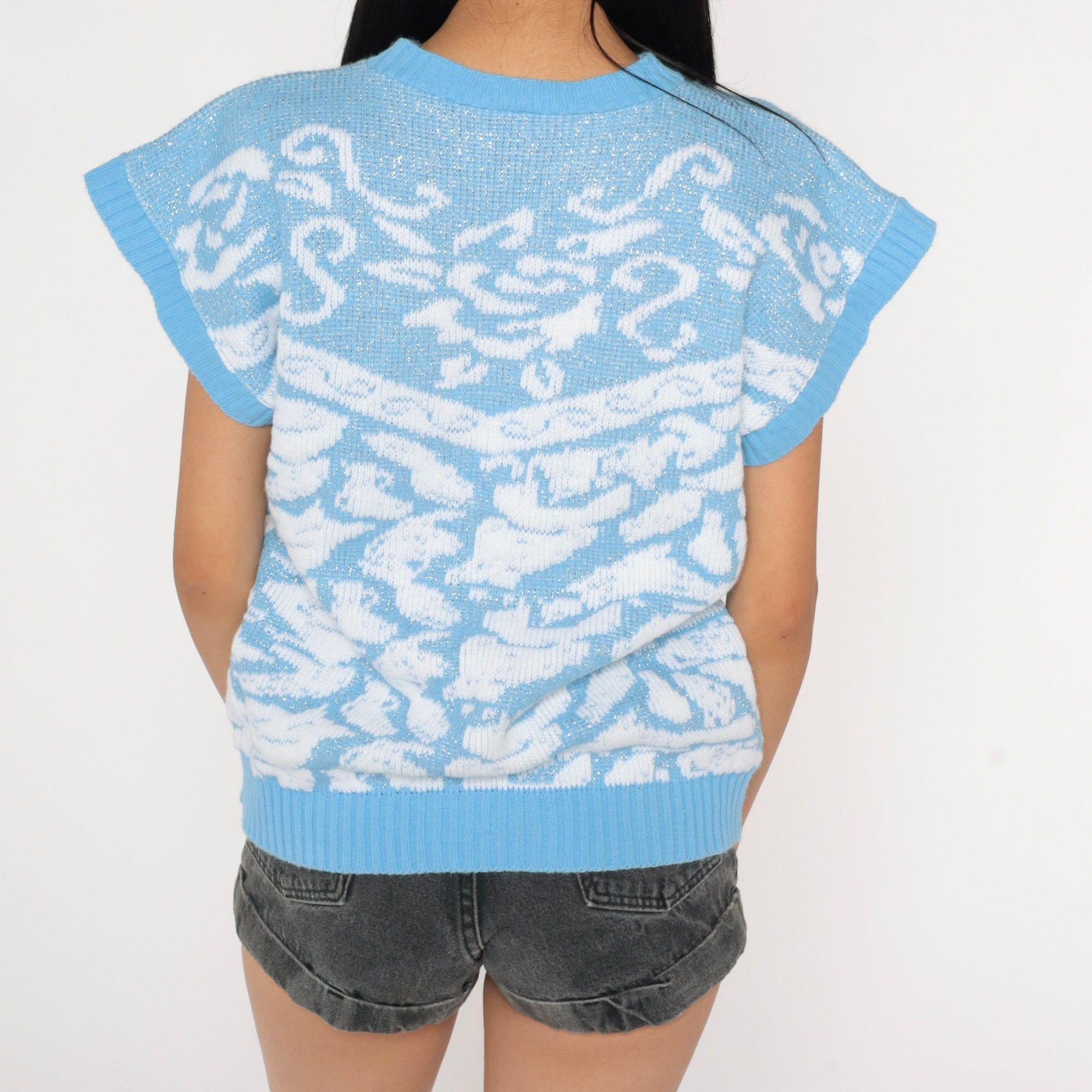 80s Metallic Floral Knit Sweater Cap Sleeve Blue Slouchy Large L