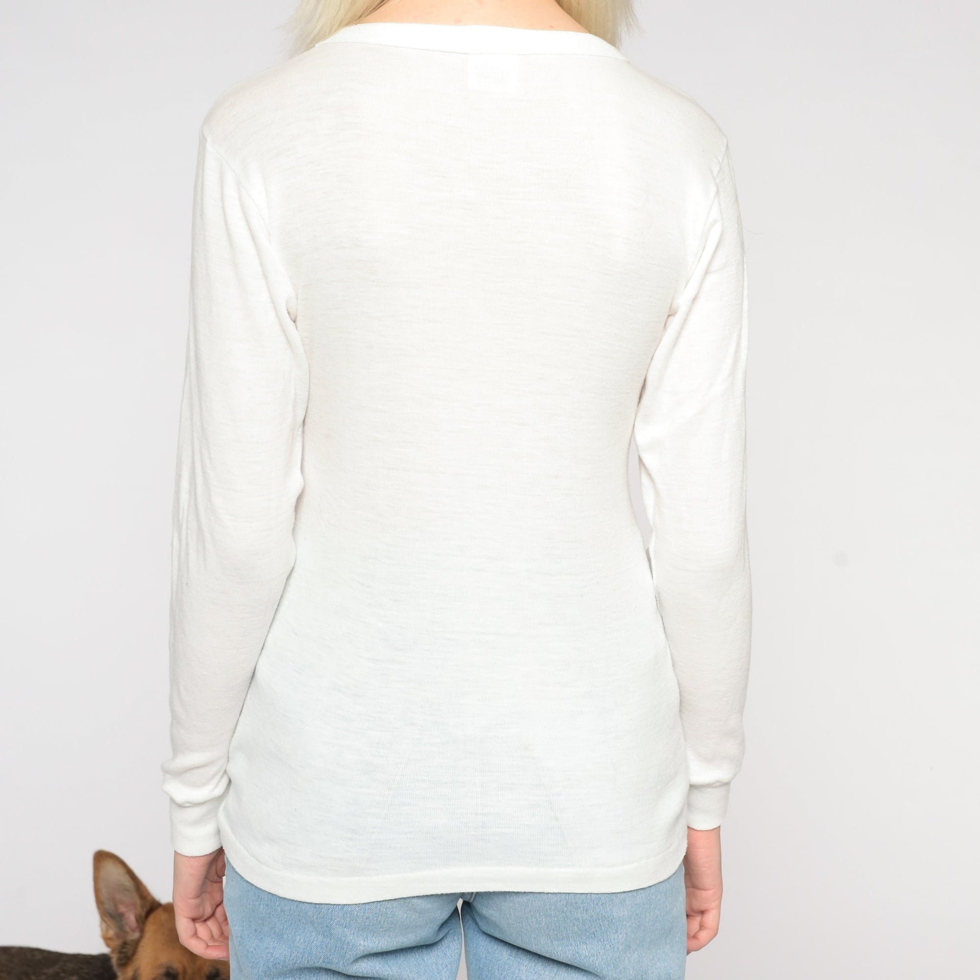 80s White Thermal Long Sleeve Crewneck Shirt Semi Sheer Medium