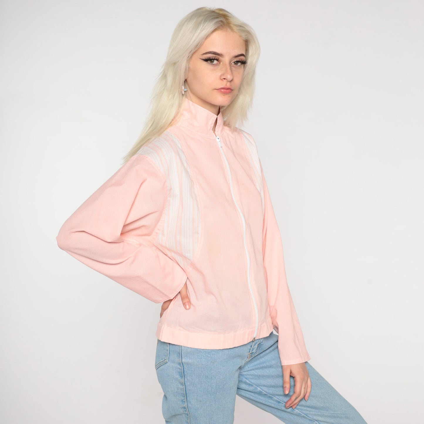 80s Baby Pink Windbreaker Jacket Striped Shoulder Zip-Up Small
