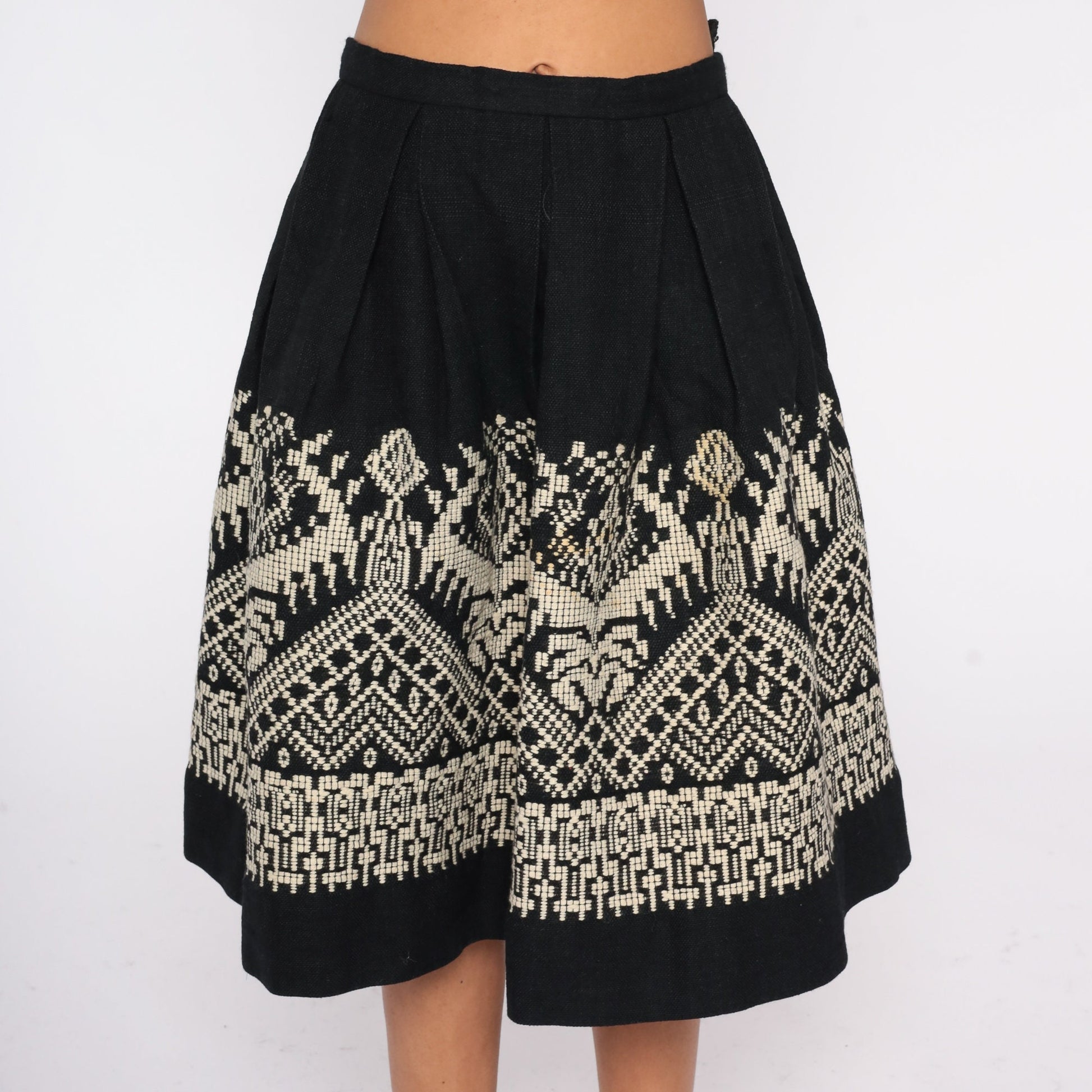 60s Black Pleated Midi Skirt High Waist Geometric White Embroidery Wool Small