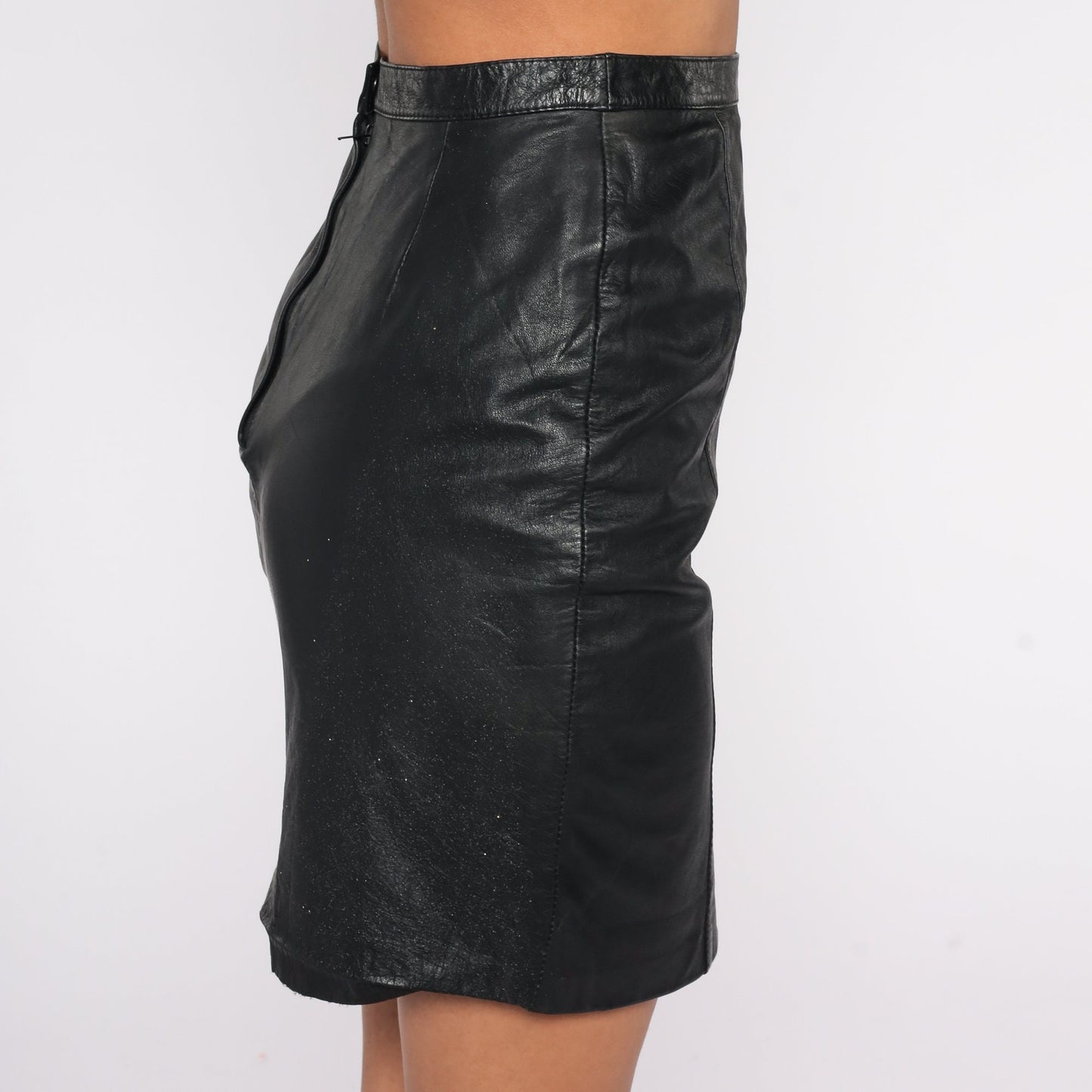 90s Black Leather Mini Skirt High Waist Pencil Bodycon Extra Small XS