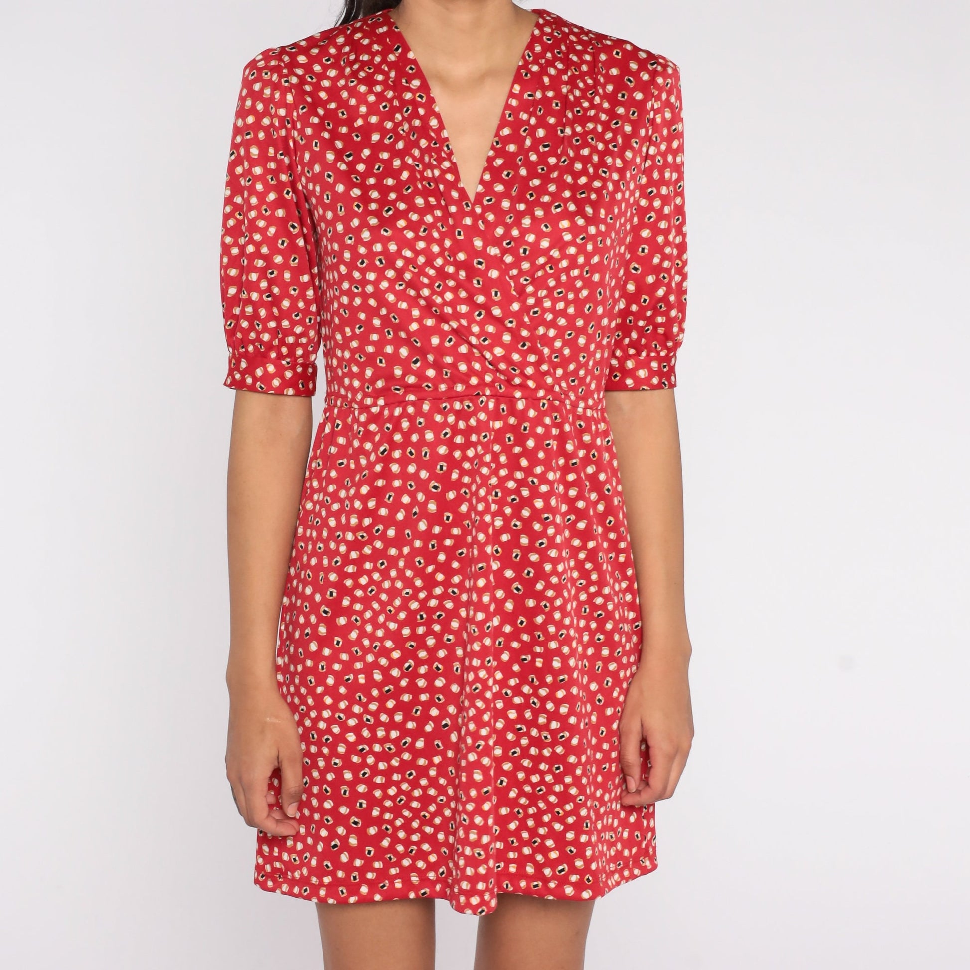 70s Red Abstract Dot Print Mini Dress High Waist V Neck Short Sleeve Medium M