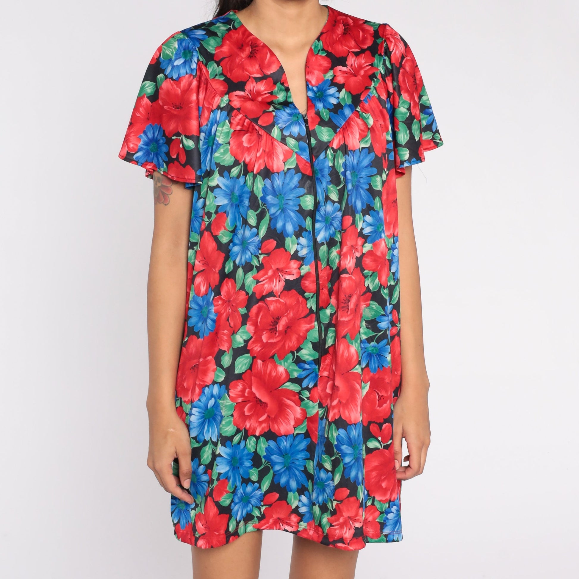 80s Floral Pajama Dress Red Blue Mini Nightgown Button Front Large