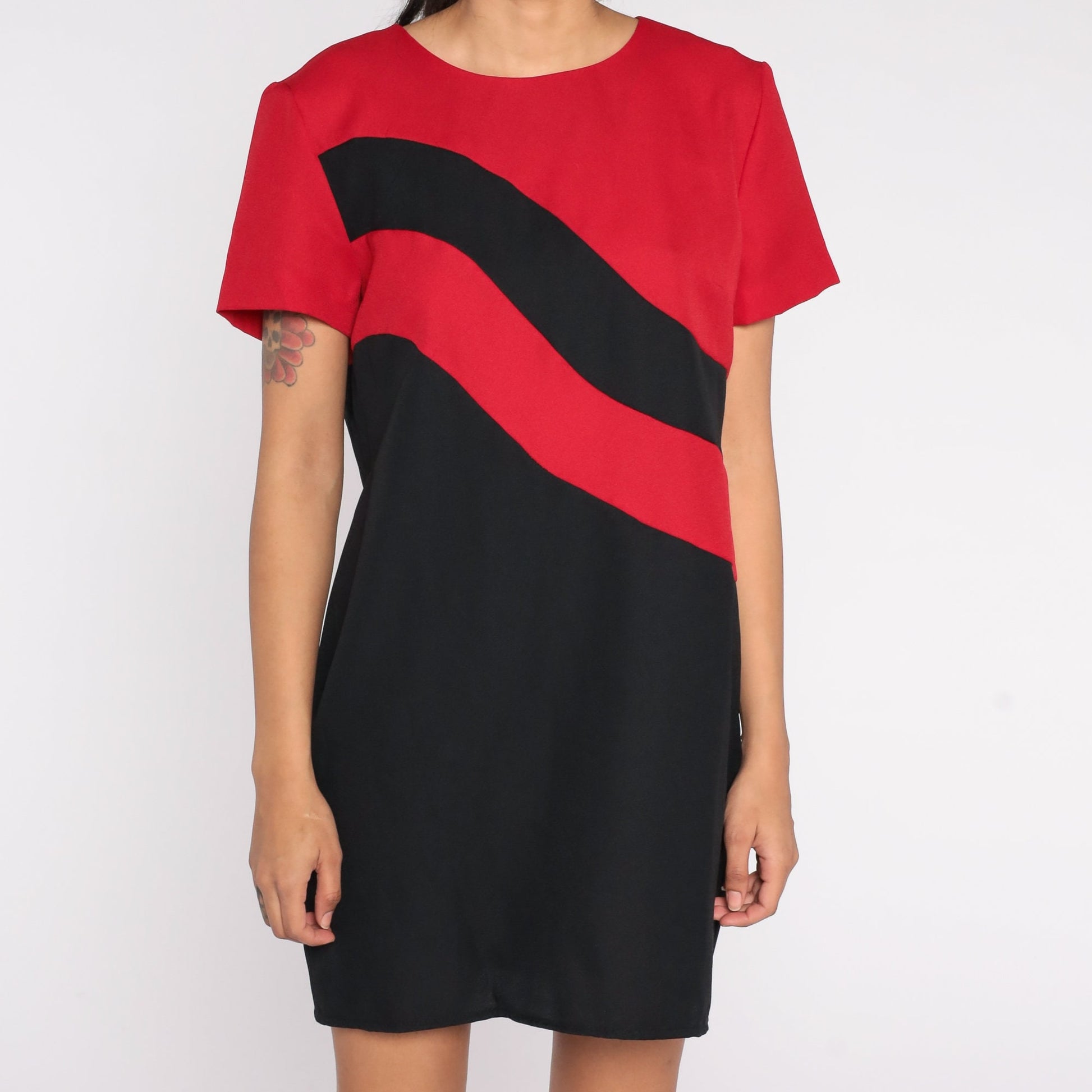 80s Color Block Pencil Dress Black Red Striped Mini Sheath Large L