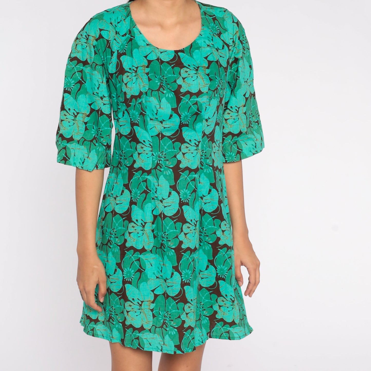 70s Hawaiian Floral Mini Dress Brown Green Hibiscus Print Small