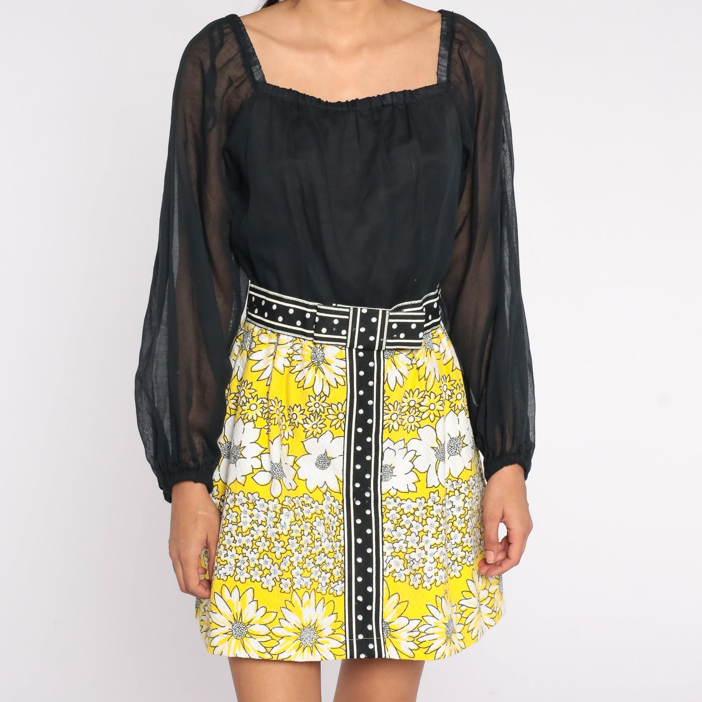 60s Black Yellow Floral Mini Dress Balloon Sleeve Square Neck Small S