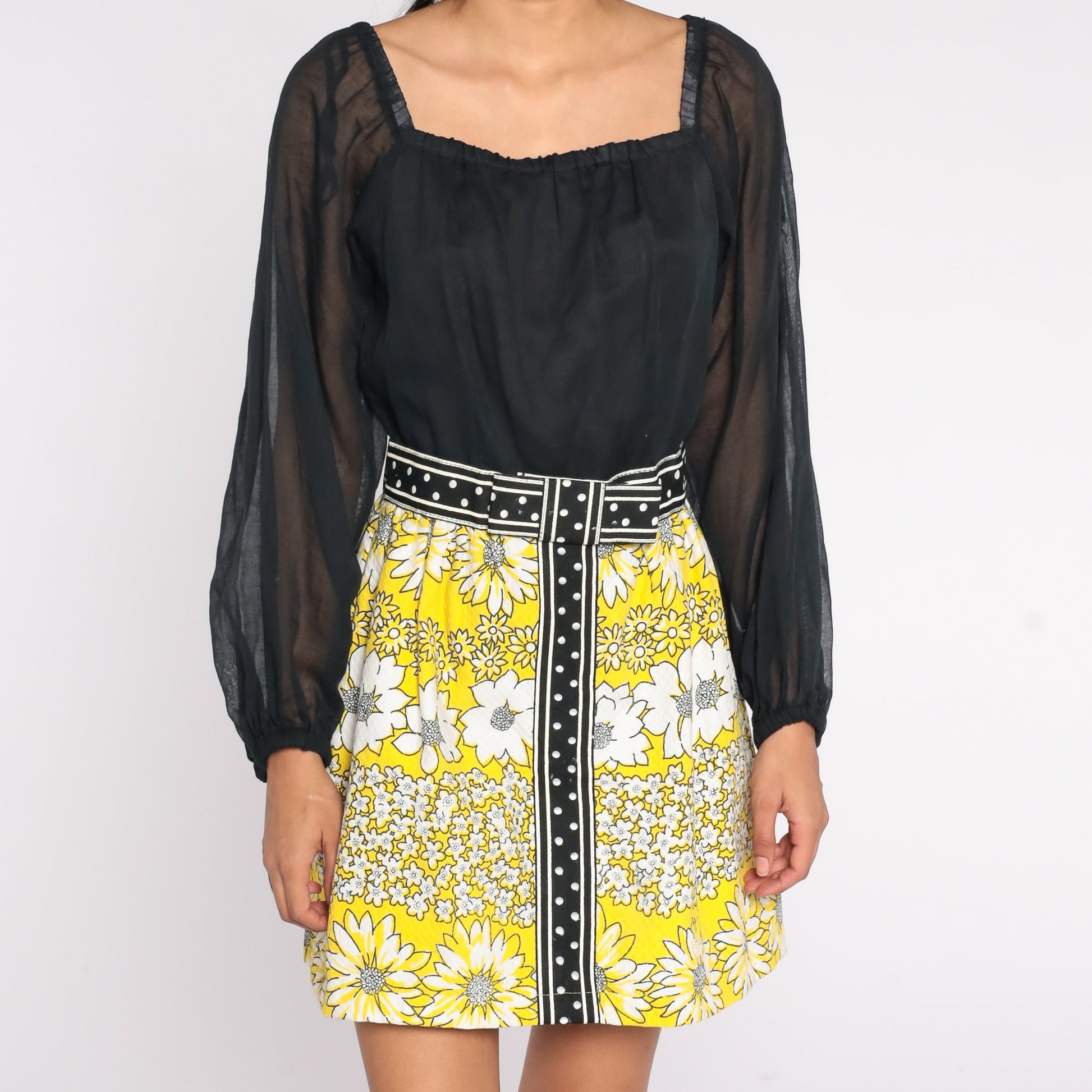 60s Black Yellow Floral Mini Dress Balloon Sleeve Square Neck Small S