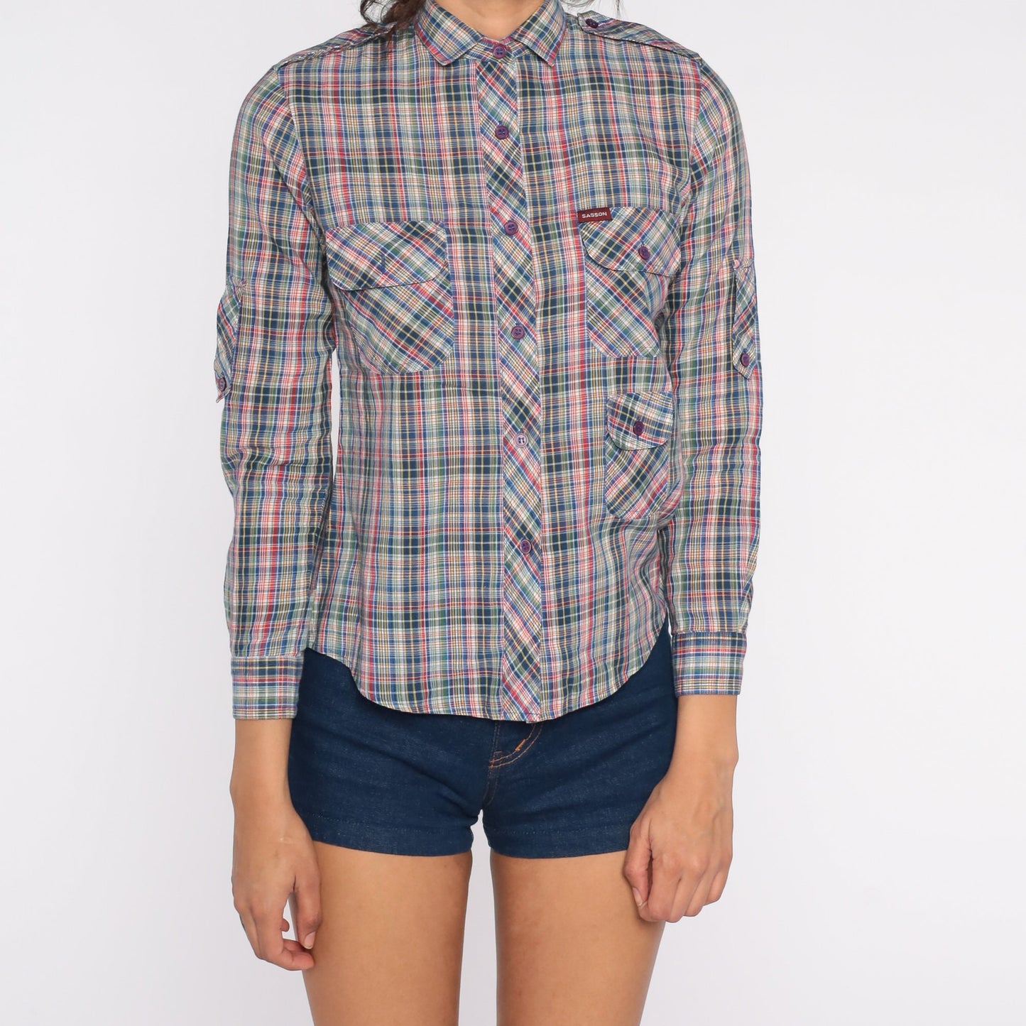 80s Sasson Plaid Button-Up Blouse Blue Red Green Epaulette Extra Small