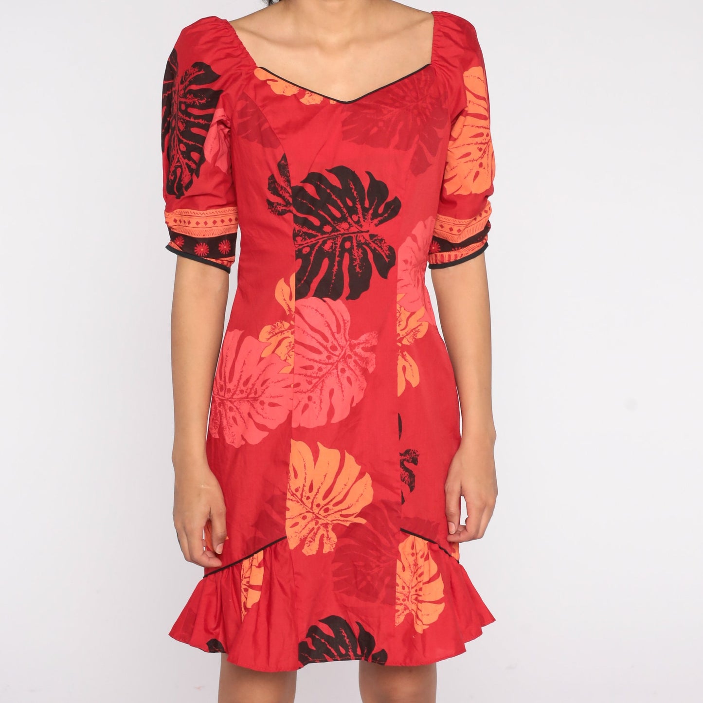 80s Hawaiian Red Tropical Leaf Mini Dress Ruffled Sheath Puff Sleeve Small