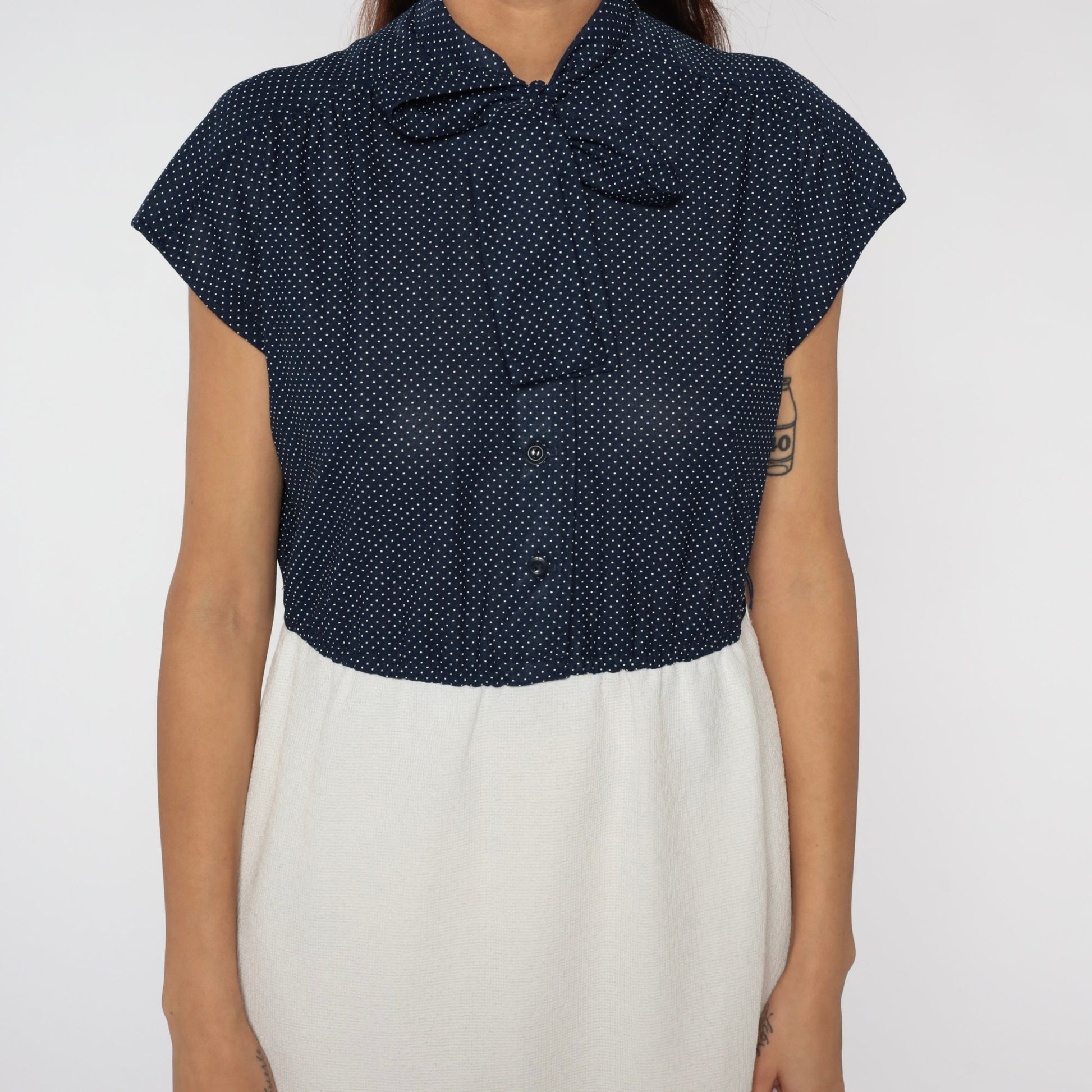 70s Blue Polka Dot Mini Dress Ascot Bow Tie Secretary Cap Sleeve Medium Large